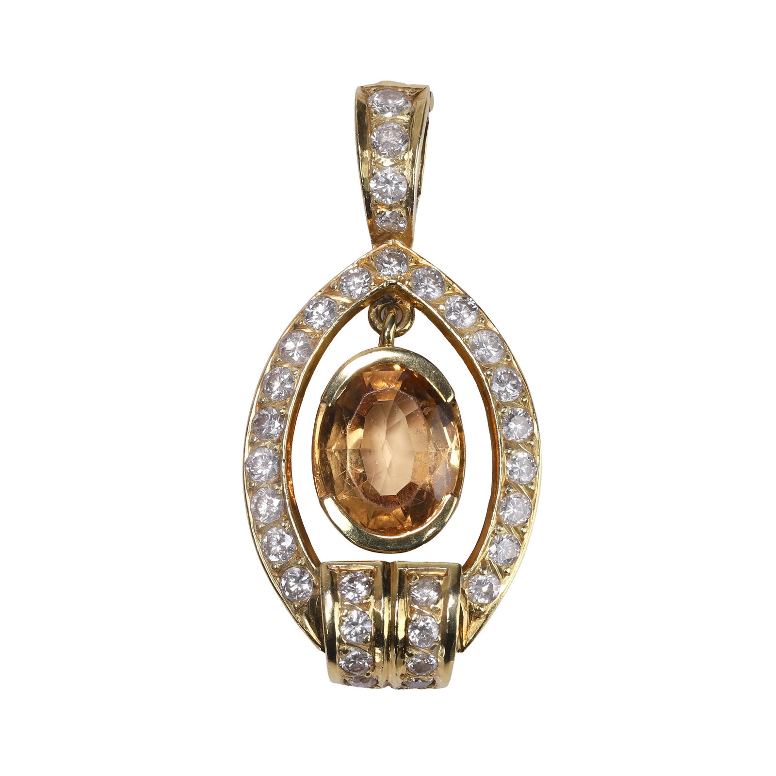 A yellow topaz and diamond pendant,: A yellow topaz and diamond pendant, of openwork design, set throughout with round brilliant cut diamonds, enclosing a suspended oval cut yellow topaz drop, to a similarly diamond set enhancer bale wit