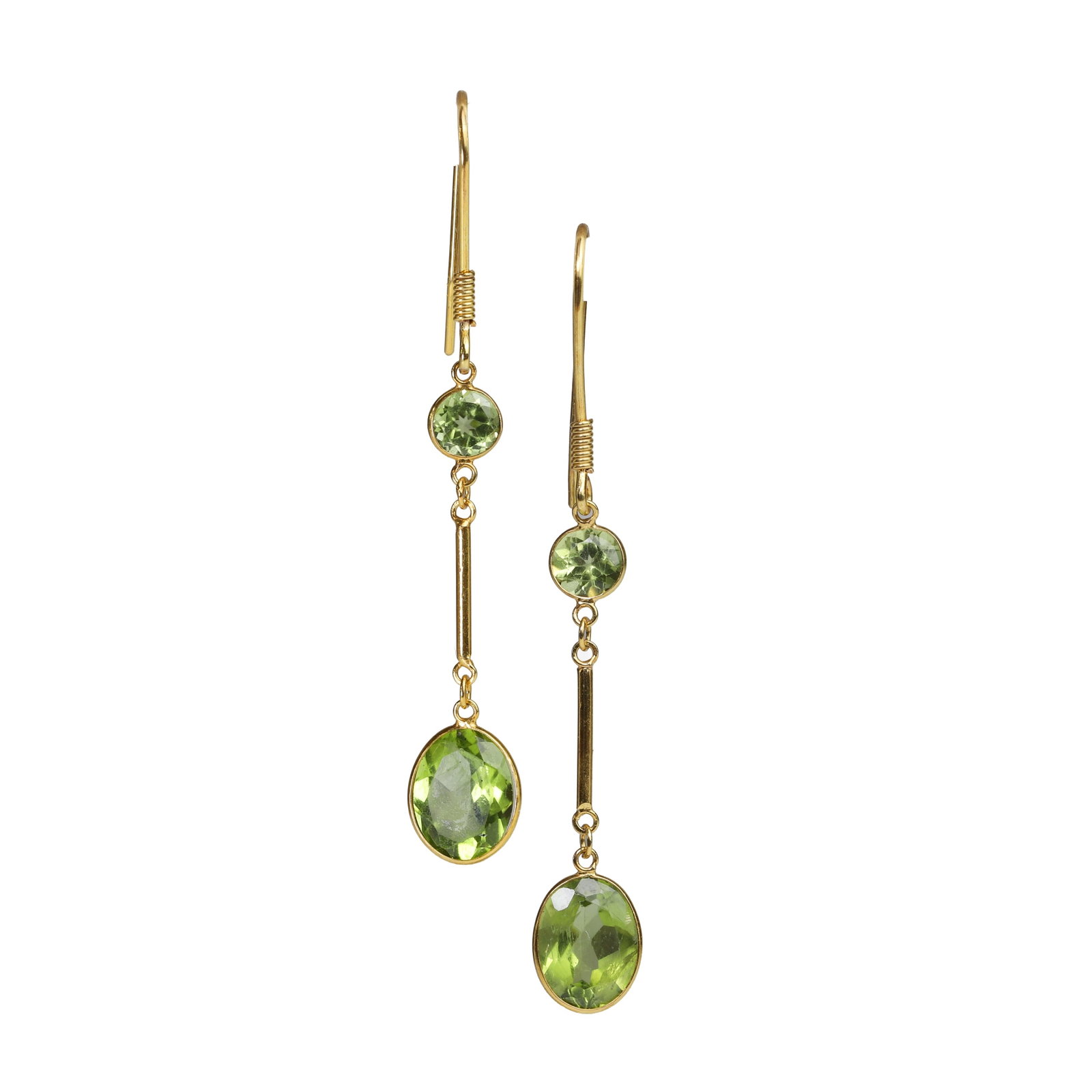 A pair of peridot drop earrings,: A pair of peridot drop earrings, each spectacle set with an oval cut peridot drop, suspended by an articulated bar and a round cut peridot, to hook wire fittings, tested as approximately 14ct gold (Le