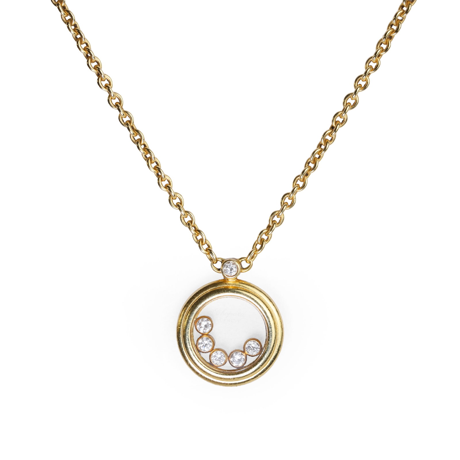 Chopard, an 18ct gold 'Happy Diamond' pendant necklace,: Chopard, an 18ct gold 'Happy Diamond' pendant necklace, the circular form pendant with a glazed panel enclosing five floating diamonds, surmounted by a diamond collet leading to a cable link chain, si