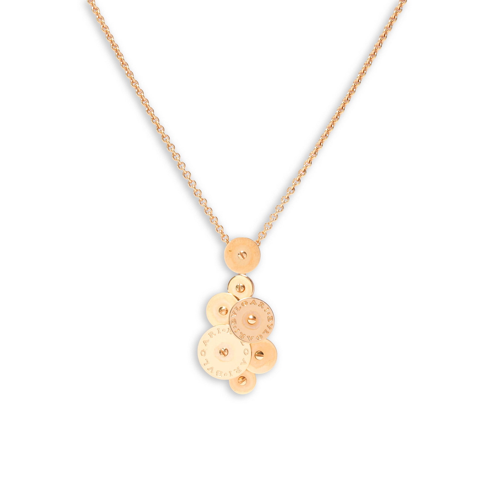 An 18ct gold Bulgari 'Cicladi' pendant,: An 18ct gold Bulgari 'Cicladi' pendant, with a cluster of graduated rotating discs to an articulated, concealed bale. Suspended on a trace chain with a feature side lever clasp, with adjustable hoops