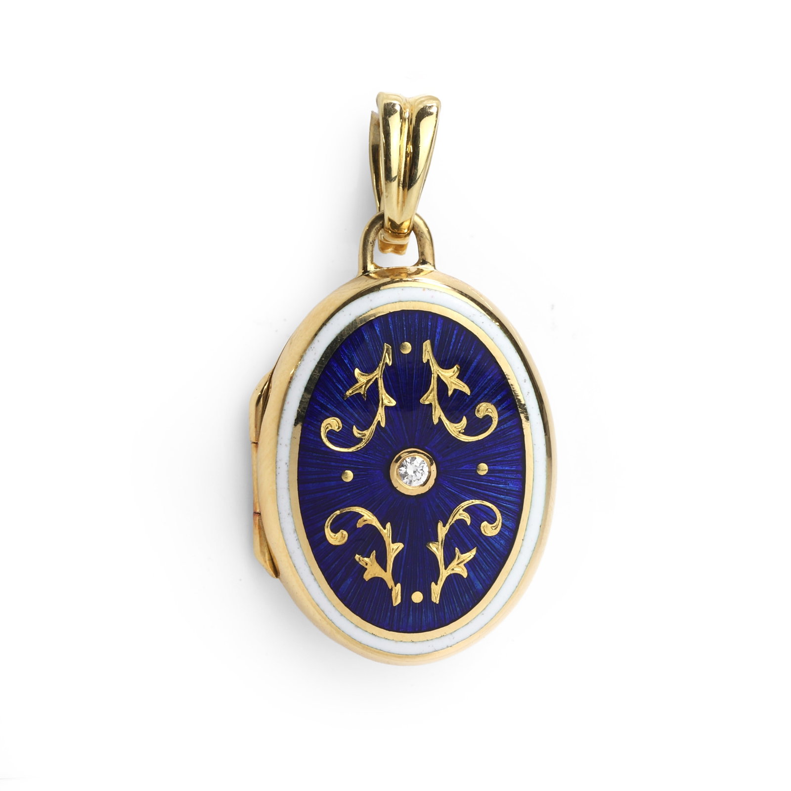 Victor Mayer for Fabergé, an 18ct gold guilloché enamel and diamond locket pendant,: Victor Mayer for Fabergé, an 18ct gold guilloché enamel and diamond locket pendant, of oval form, with a central round brilliant cut diamond to a royal blue starburst guilloche enamel body w
