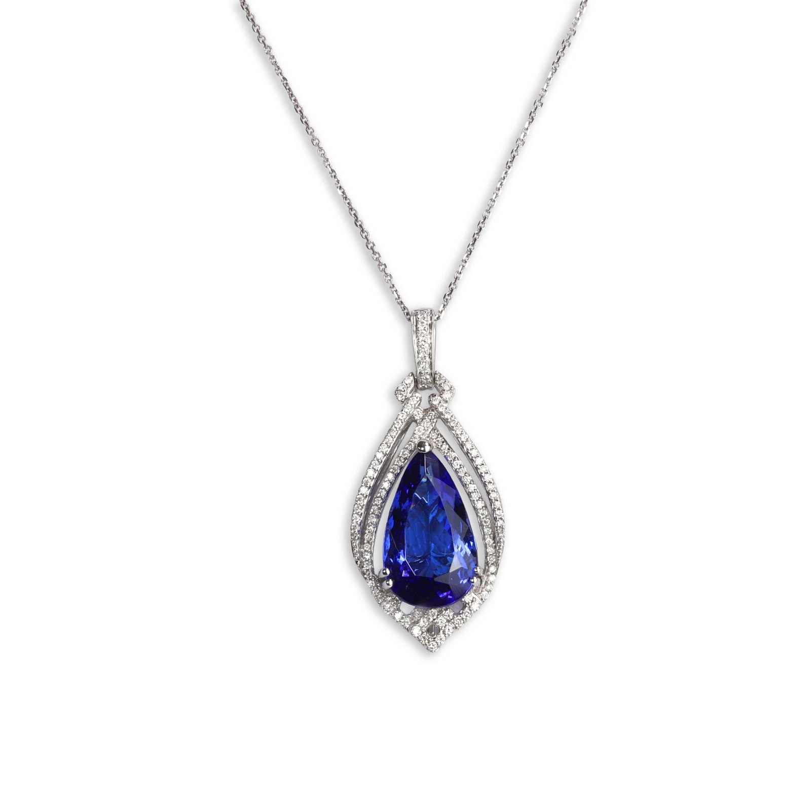 A platinum tanzanite and diamond pendant necklace,: A platinum tanzanite and diamond pendant necklace, comprising a pear shaped tanzanite claw set to an open double diamond surround, with pierced gallery and diamond set bale, suspended from a fine trac