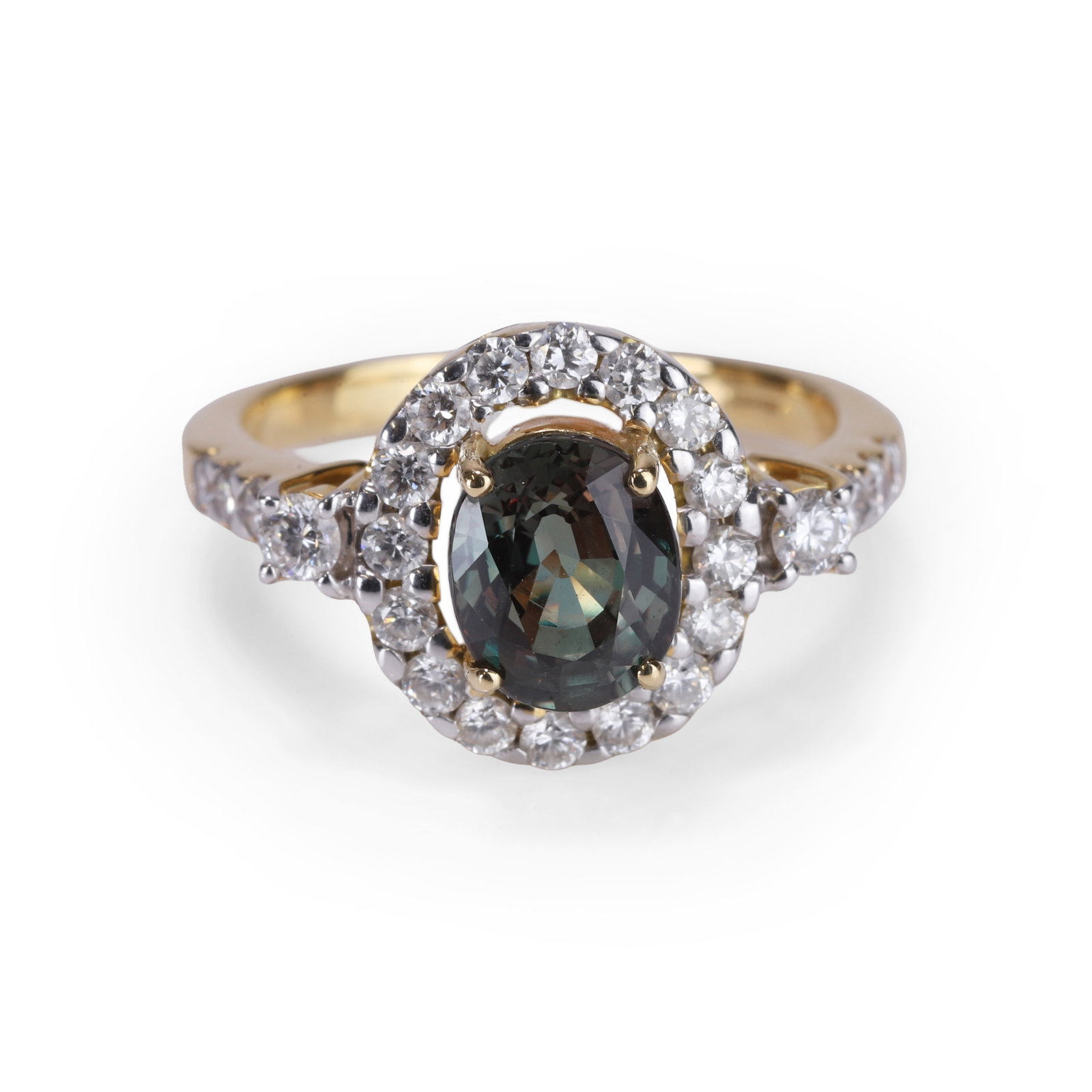 An 18ct gold chrysoberyl Alexandrite and diamond cluster ring, (1 of 2)