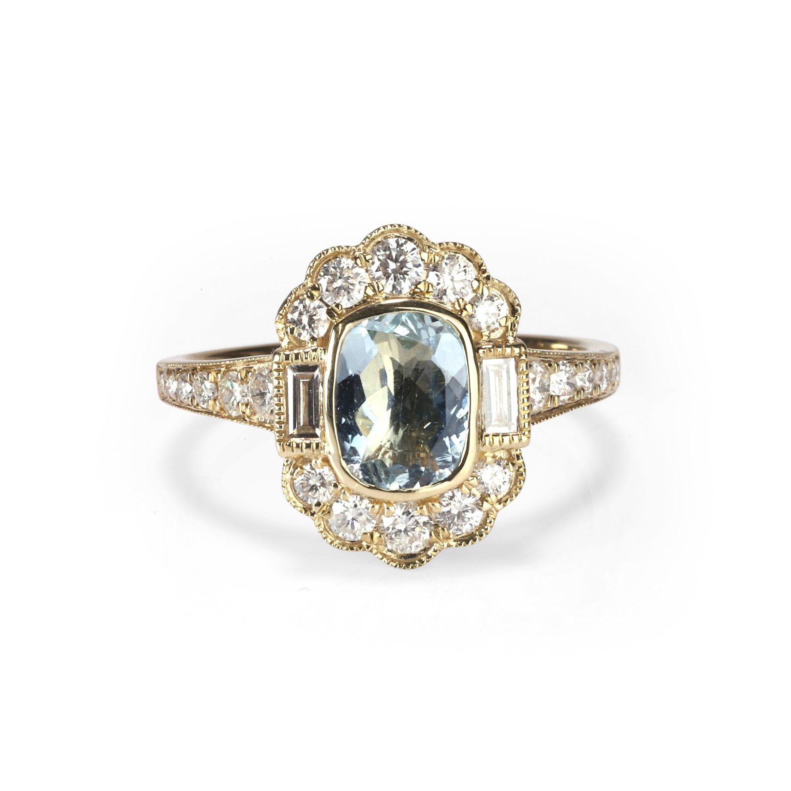 An aquamarine and diamond cluster ring,: An aquamarine and diamond cluster ring, the cushion shaped aquamarine flanked by two baguette cut diamonds, to a round brilliant cut diamond border and similarly set shoulders, hallmarked 375, Sheffie