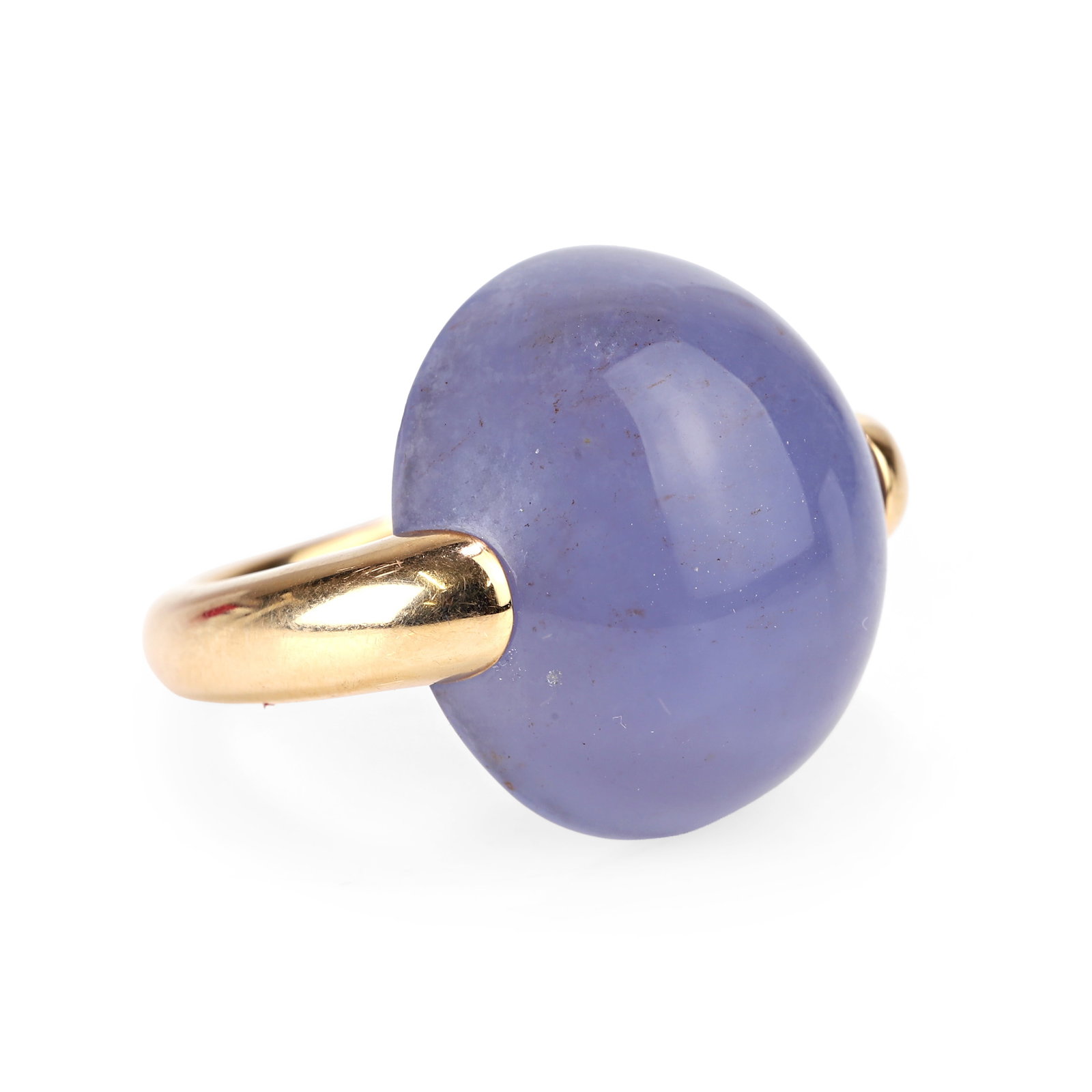Pomellato, an 18ct rose gold blue chalcedony 'Luna' ring,: Pomellato, an 18ct rose gold blue chalcedony 'Luna' ring, the oval cabochon chalcedony set between polished shoulders into a plain hoop, signed Pomellato, Italian marks, hallmarked London 2003 (Ring s