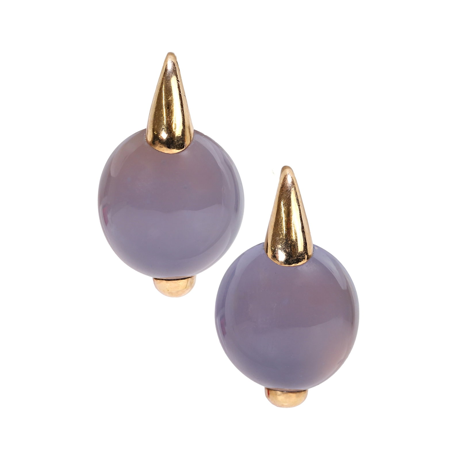 Pomellato, a pair of 18ct rose gold and chalcedony 'Luna' earrings,: Pomellato, a pair of 18ct rose gold and chalcedony 'Luna' earrings, each blue chalcedony cabochon within a closed back setting, to Continental clip fittings. Signed Pomellato, London hallmark 2004 (16
