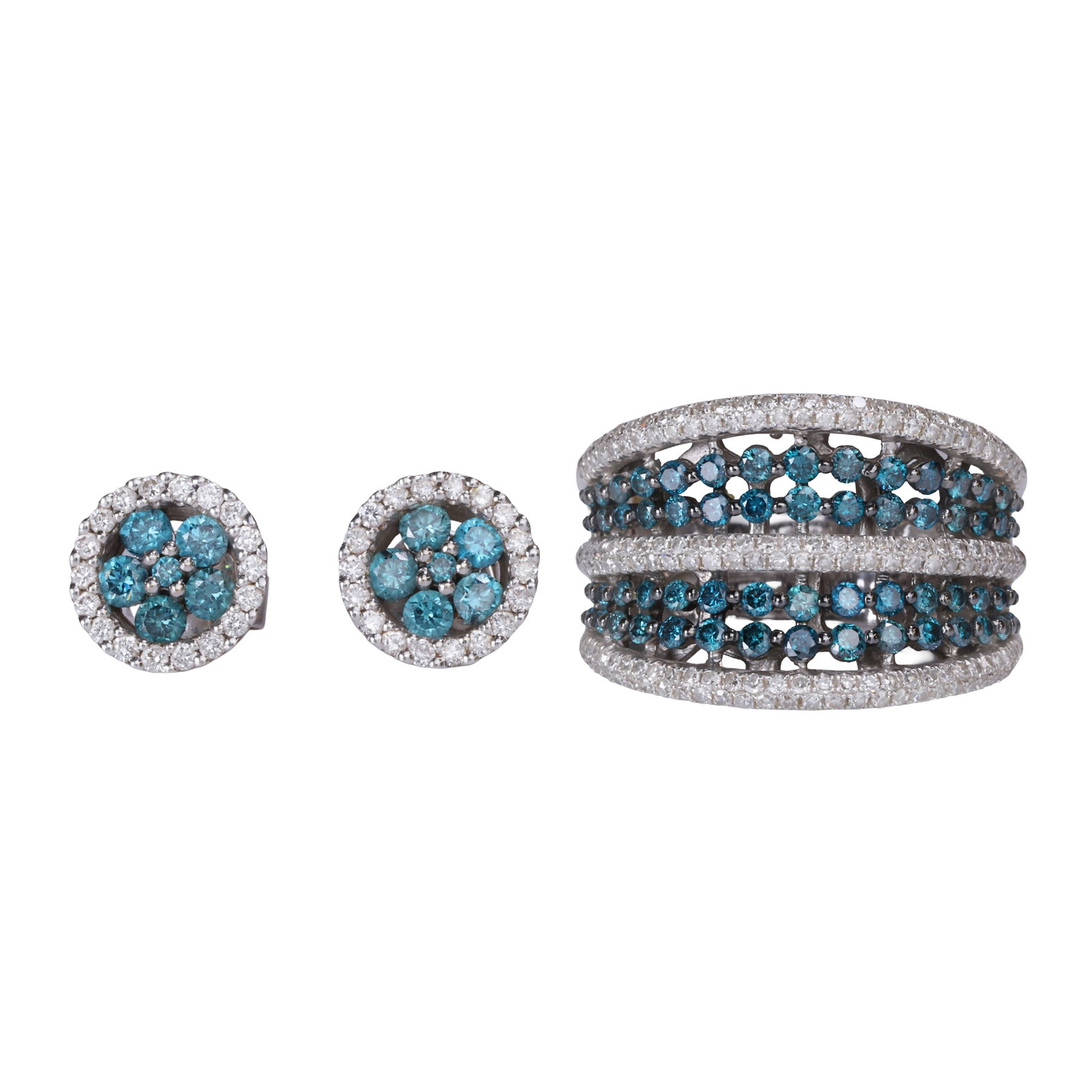 A diamond ring and earrings set,: A diamond ring and earrings set, the ring of two row design alternately set with enhanced blue round brilliant cut diamonds and single cut diamonds, pavé and claw set to a tapering band, in white