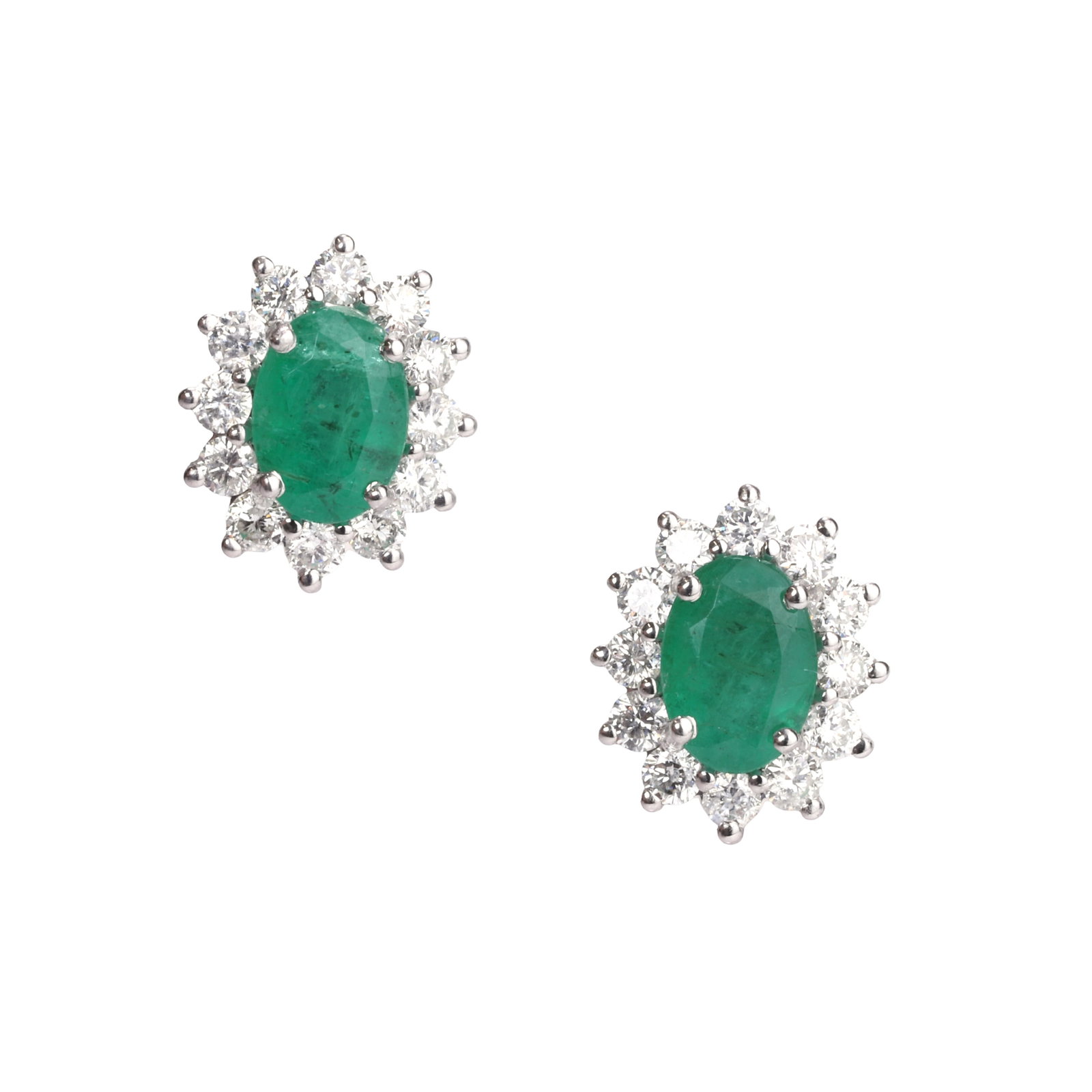 A pair of emerald and diamond cluster stud earrings,: A pair of emerald and diamond cluster stud earrings, each oval mixed cut emerald claw set within a surround of round brilliant cut diamonds, mounted in 9ct white gold, hallmarked Sheffield, post and b