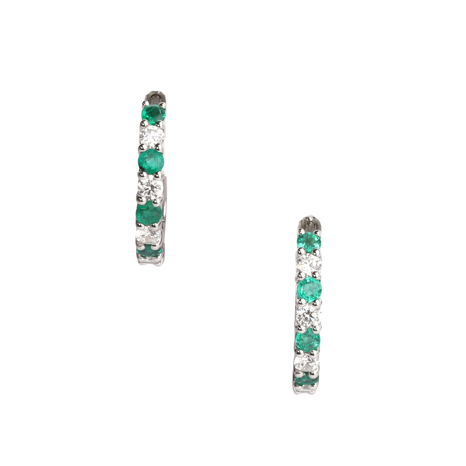 A pair of 18ct white gold emerald and diamond hoop earrings,: A pair of 18ct white gold emerald and diamond hoop earrings, half hoop set with round brilliant cut diamonds, alternating to round cut emeralds, hallmarked 750, London, with box and invoice by Michael