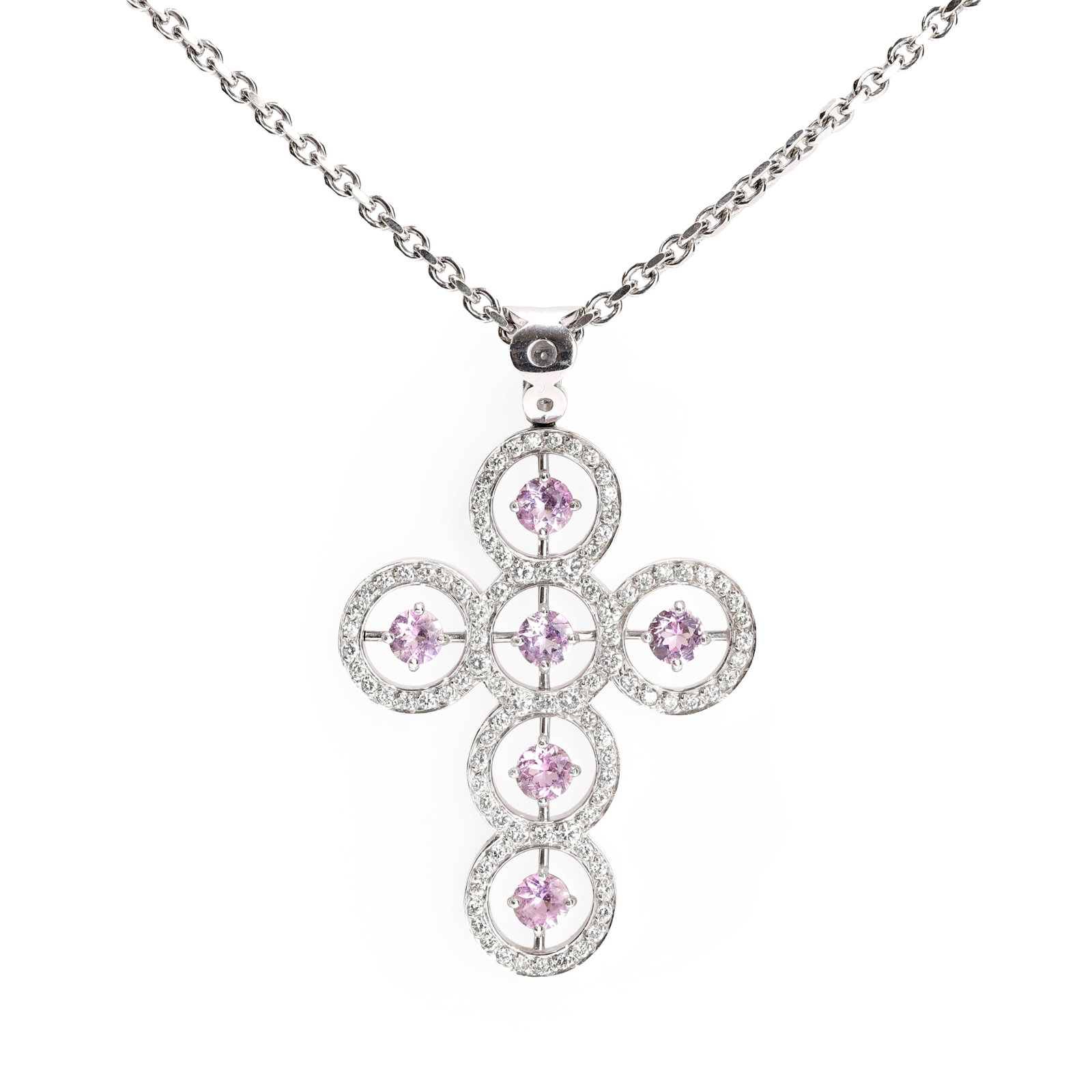 A diamond and pink topaz cross pendant necklace,: A diamond and pink topaz cross pendant necklace, of cross form comprising six claw set round pink topaz each surrounded with an open halo of round brilliant cut diamonds, total approximate weight 0.75