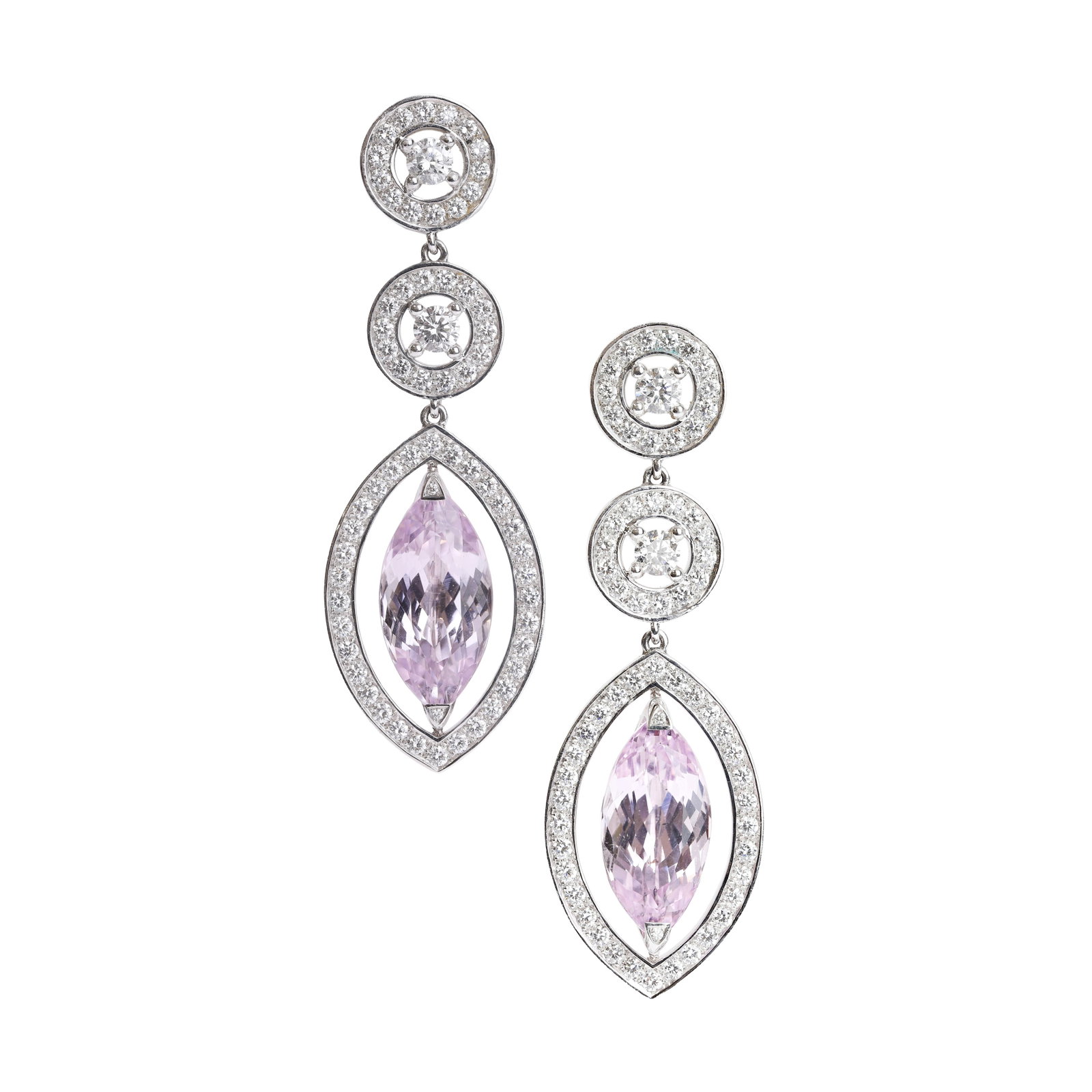 A pair of 18ct white gold diamond and kunzite drop earrings,: A pair of 18ct white gold diamond and kunzite drop earrings, composed of two suspended claw set round brilliant cut diamond halos with a navette shaped kunzite and round brilliant cut set halo below, 