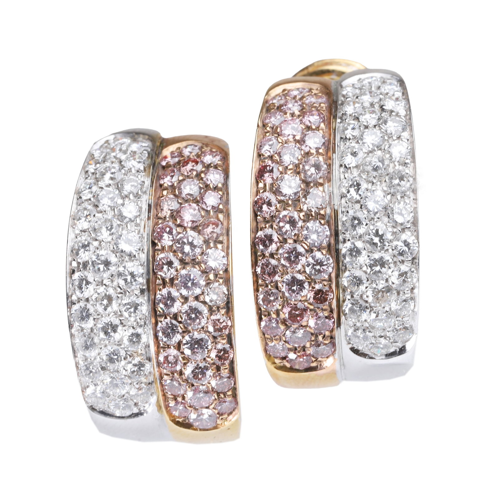 A pair of pink diamond and diamond earrings,: A pair of pink diamond and diamond earrings, consisting of two graduated half hoop sections of diamonds and pink diamonds pavé set in white and rose gold to a hinged clip, stamped 750 and surface