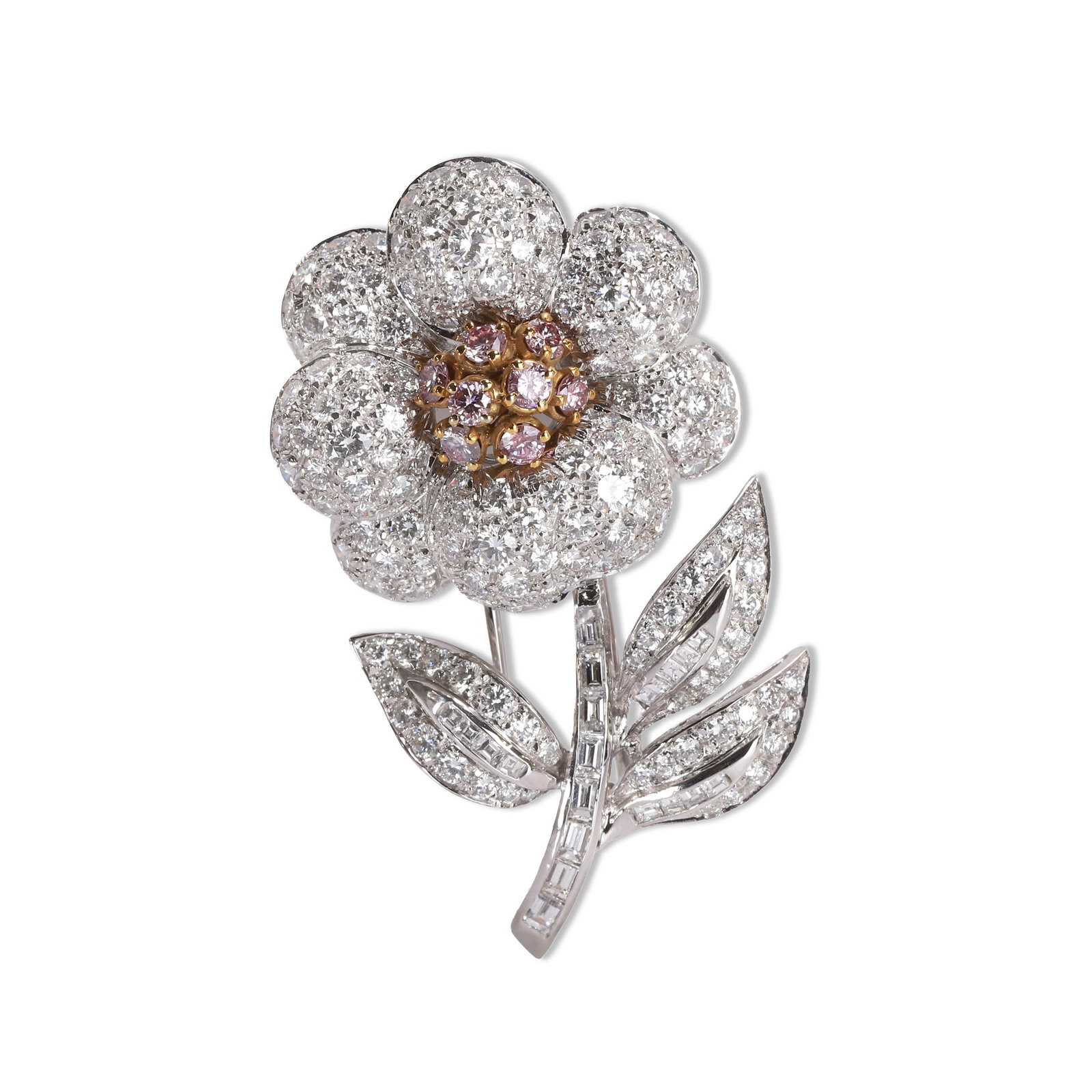 A diamond and pink diamond brooch,: A diamond and pink diamond brooch, in the form of a flower, with a central cluster of brilliant cut pink diamonds, claw set in a domed formation and surrounded by pavé diamond petals, to a stem o