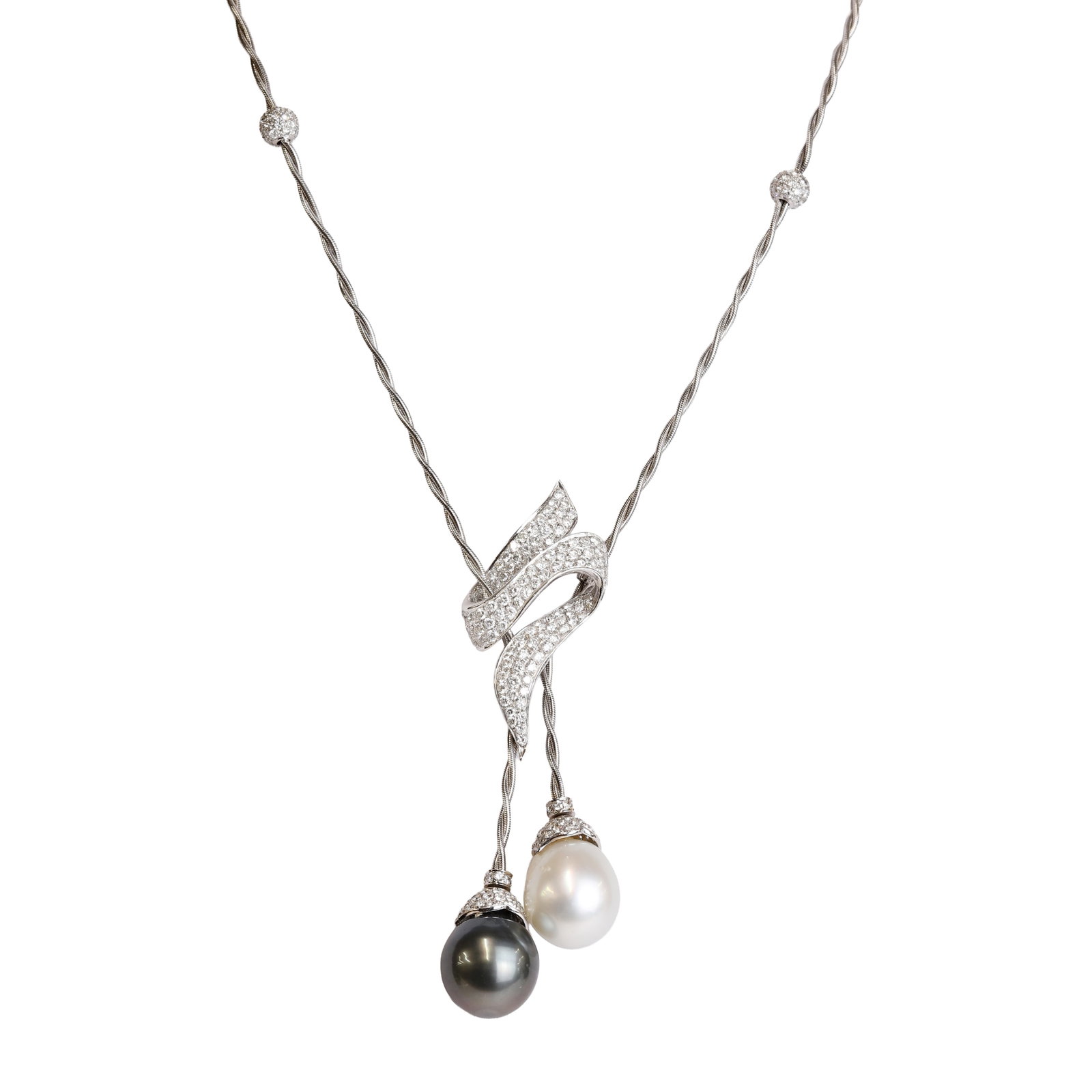 A white gold pearl and diamond lariat necklace,: A white gold pearl and diamond lariat necklace, comprising one grey and one white drop-shaped South Sea cultured pearl, untested, both with diamond pavé set caps suspended from a double row of tw