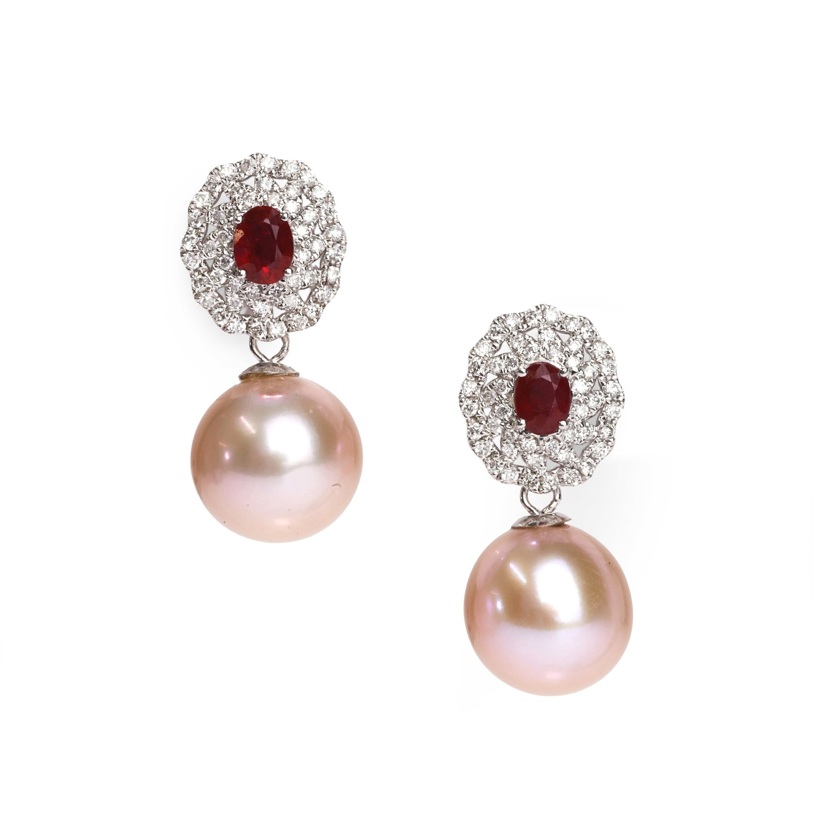 A pair of diamond, ruby and cultured pearl drop earrings,: A pair of diamond, ruby and cultured pearl drop earrings, each cultured pearl drop suspended by a diamond and ruby cluster. Mounted in white gold stamped Au750, to post fittings (Length 2cm; 3.9g) Con
