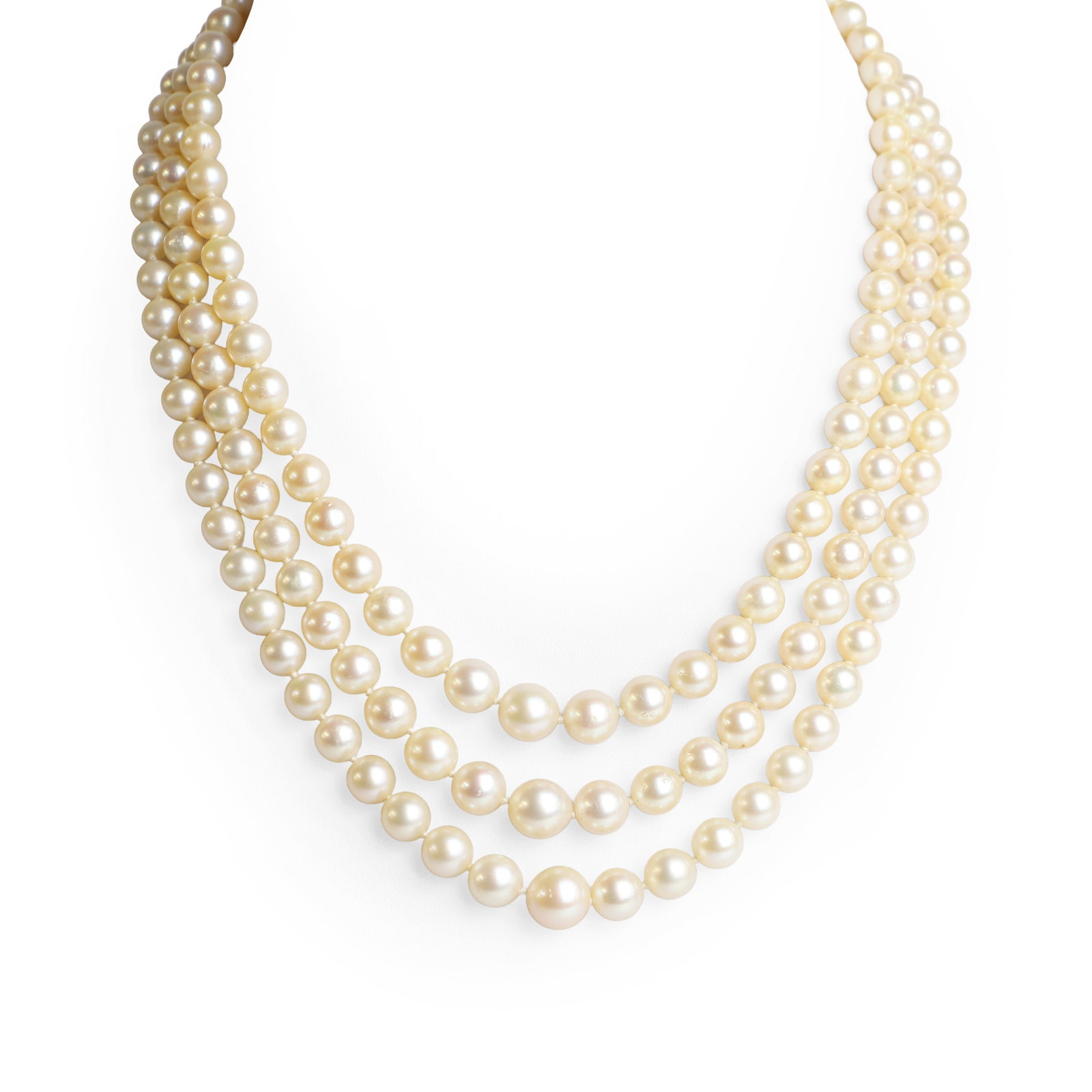 A three row cultured pearl necklace, with a rose cut diamond set clasp, (1 of 2)