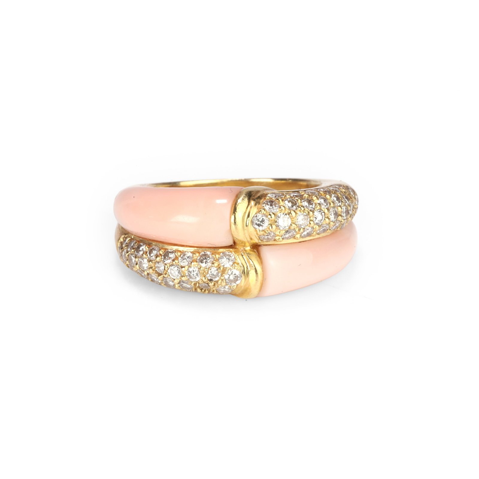 An angel skin coral and diamond ring,: An angel skin coral and diamond ring, composed of two conjoined domed and tapered bands, each of half angel skin coral and half diamond set pave sections with ribbed band between, unmarked, tested as 