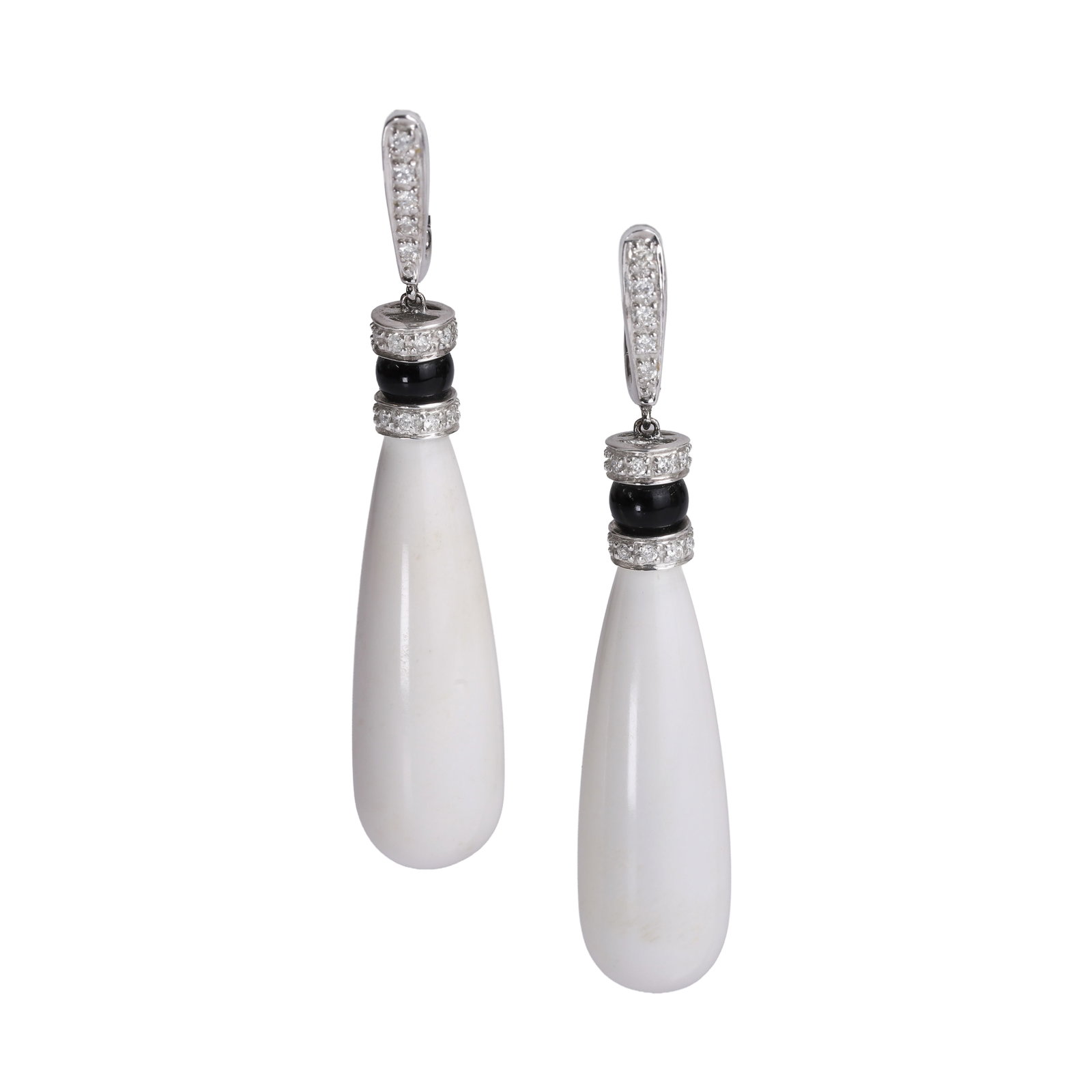A pair of 18ct white gold hardstone drop earrings, (1 of 2)