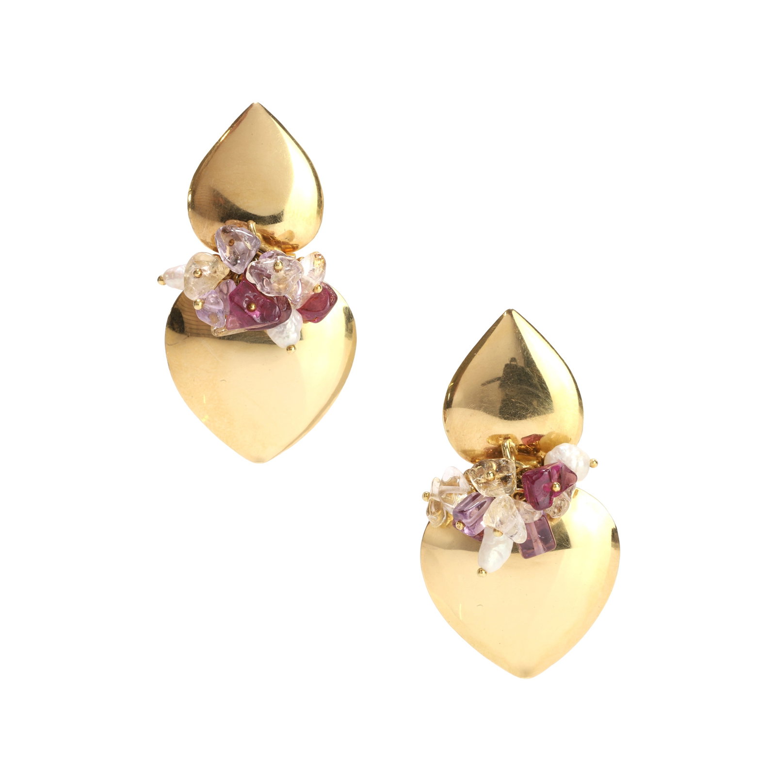 A pair of Italian gold drop earrings,: A pair of Italian gold drop earrings, designed as two hinged heart-shaped plates, accented with free form amethyst, quartz and pearl beads, to post and butterfly fittings. Italian assay marks, marked 