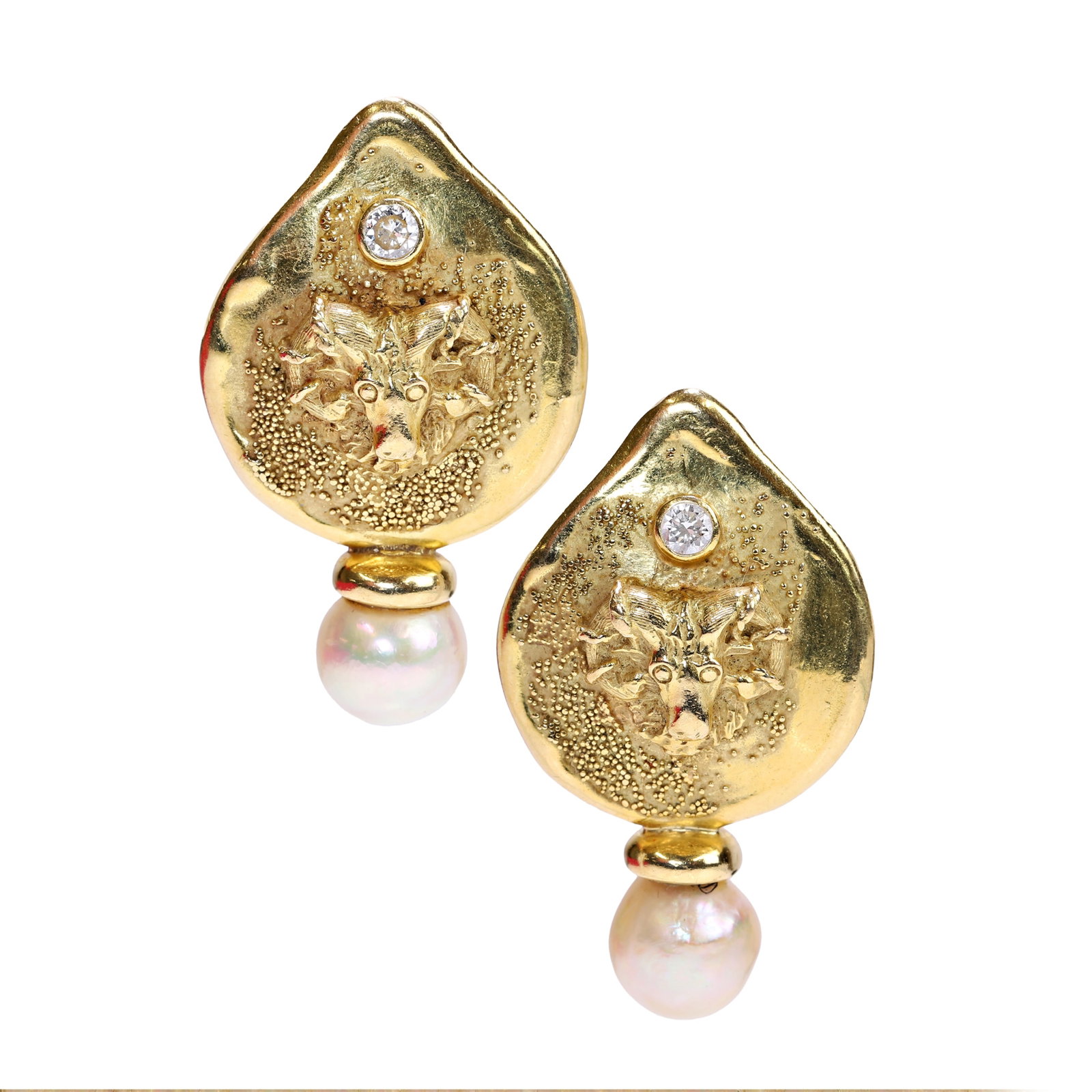 Elizabeth Gage, a pair of 18ct gold diamond and pearl 'Zodiac Shiraz' earrings,: Elizabeth Gage, a pair of 18ct gold diamond and pearl 'Zodiac Shiraz' earrings, each textured plaque depicting the star sign Aries beneath a round brilliant cut diamond, to a cultured pearl drop. Post