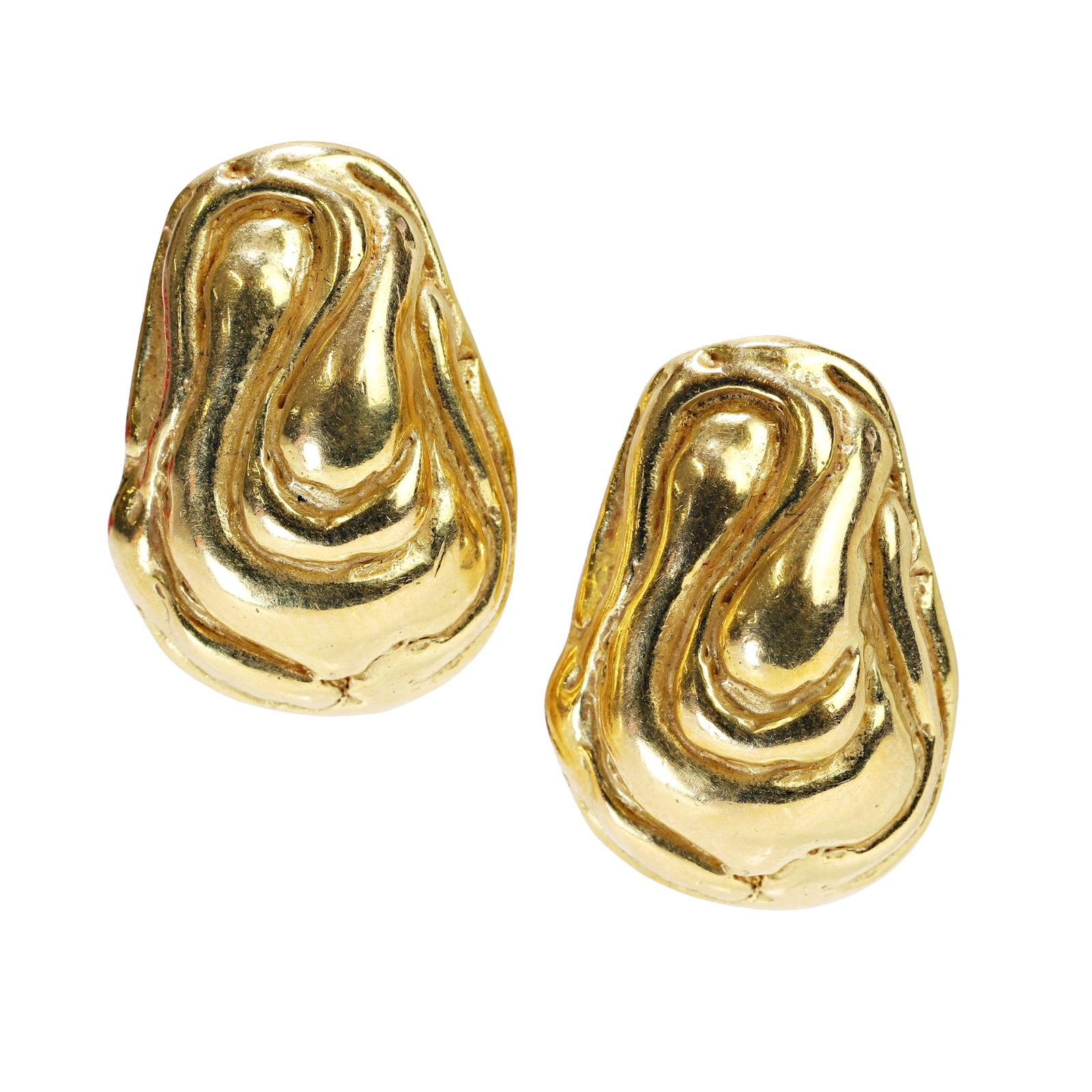 Elizabeth Gage, a pair of 18ct 'Molten Gold Peanut' earrings,: Elizabeth Gage, a pair of 18ct 'Molten Gold Peanut' earrings, of organic sculptural form, to clip fittings. Signed Gage, maker's mark EG, London hallmark 2005, with maker's case (18.3g; length 2cm) Co