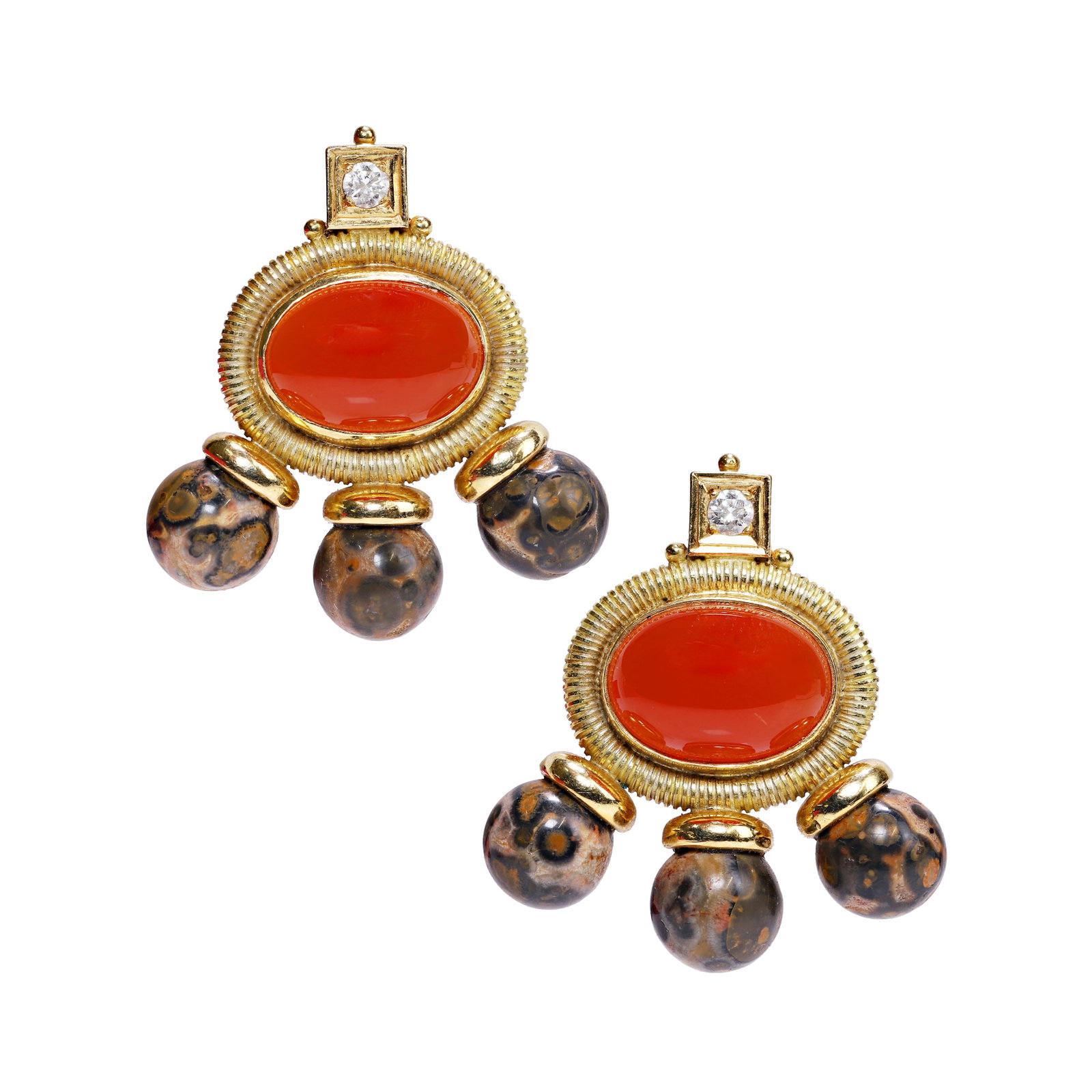 Elizabeth Gage, a pair of 18ct gold 'African Queen' carnelian and jasper earrings,: Elizabeth Gage, a pair of 18ct gold 'African Queen' carnelian and jasper earrings, each oval cabochon carnelian in a rope twist surround, surmounted by a round brilliant cut diamond, to three leopard 