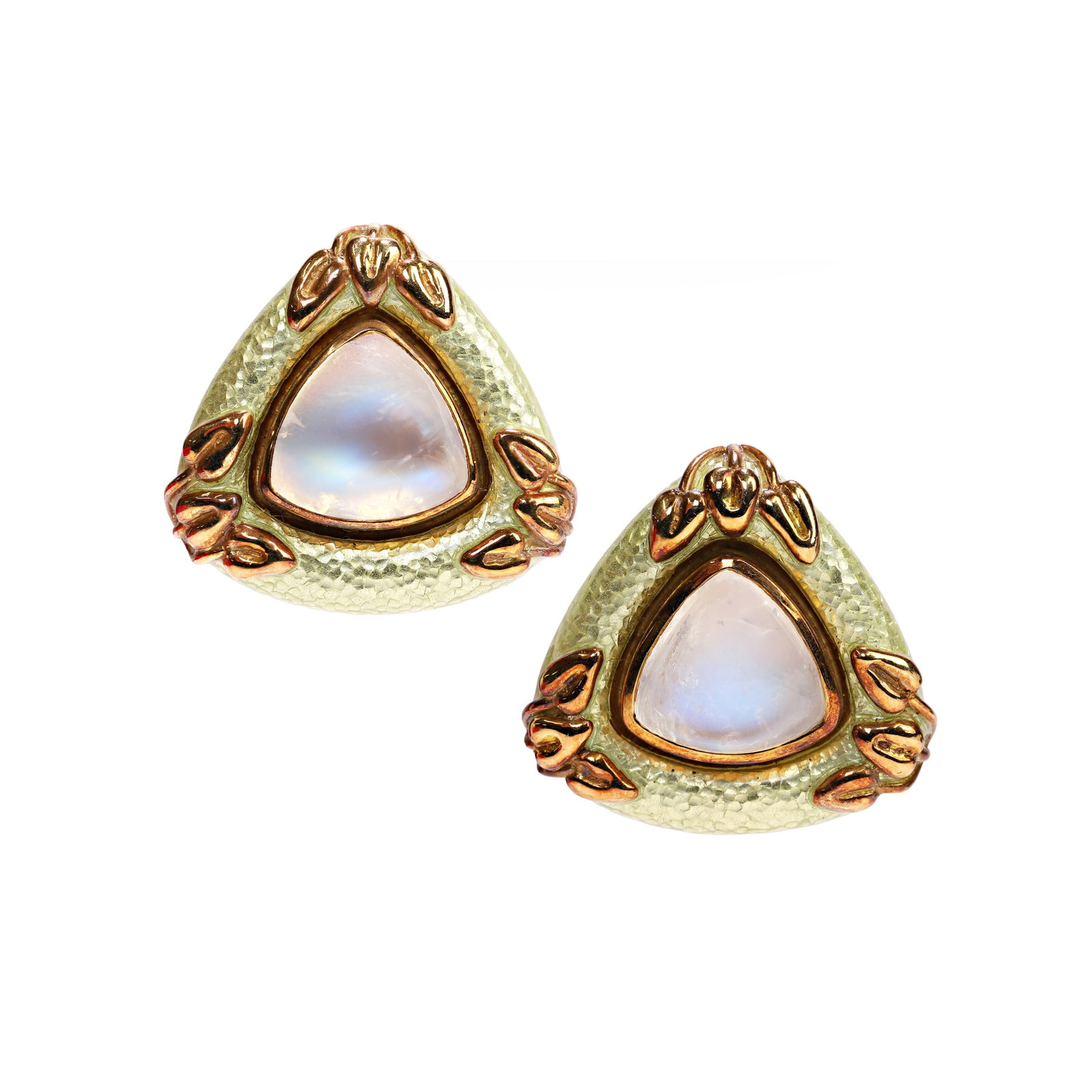 Elizabeth Gage, a pair of 18ct gold moonstone and green enamel earrings,: Elizabeth Gage, a pair of 18ct gold moonstone and green enamel earrings, each oval cabochon moonstone rub set within a green enamel surround with raised leaf motifs, to posts and omega clip fittings, 