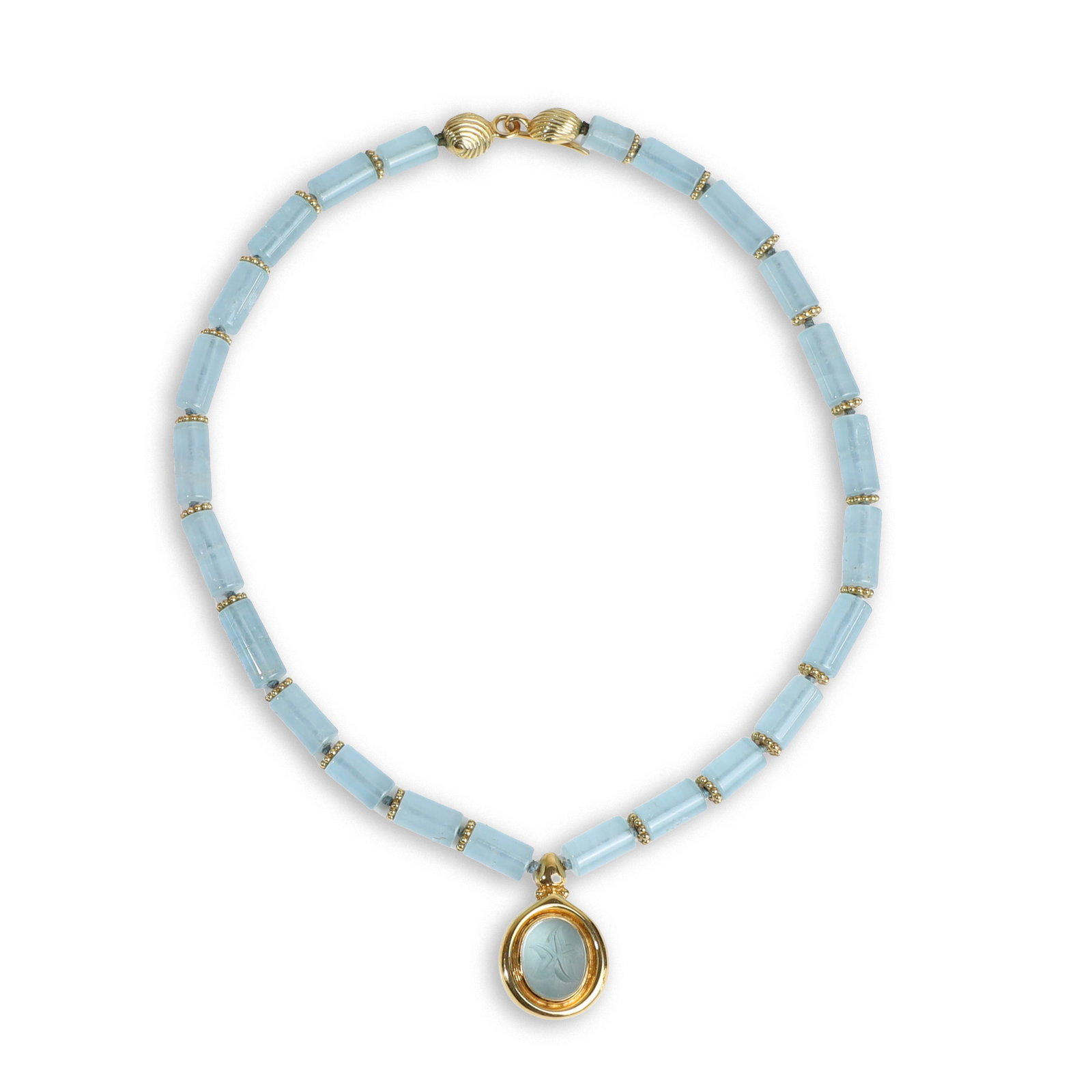 Elizabeth Gage, a carved aquamarine necklace,: Elizabeth Gage, a carved aquamarine necklace, composed of carved aquamarine cylindrical beads interspaced with beaded gold rondels, suspending a cabochon aquamarine, relief carved with a starfish and 