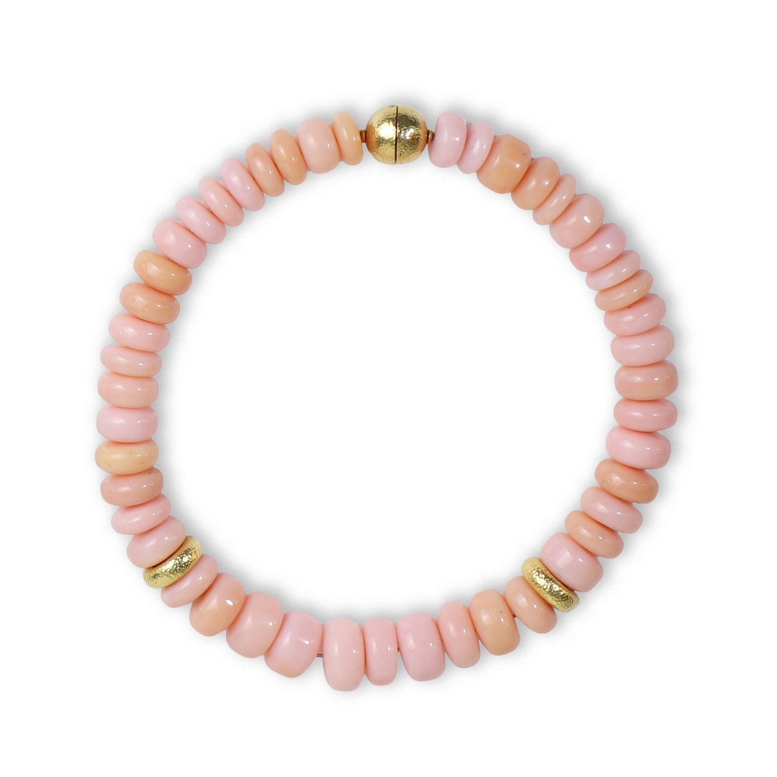 Elizabeth Gage, an 18ct gold and pink palygorskite bead necklace,: Elizabeth Gage, an 18ct gold and pink palygorskite bead necklace, composed of graduating barrel shaped beads of varying depth with two gold rondelles with hammered finish, plain strung to a spherical 
