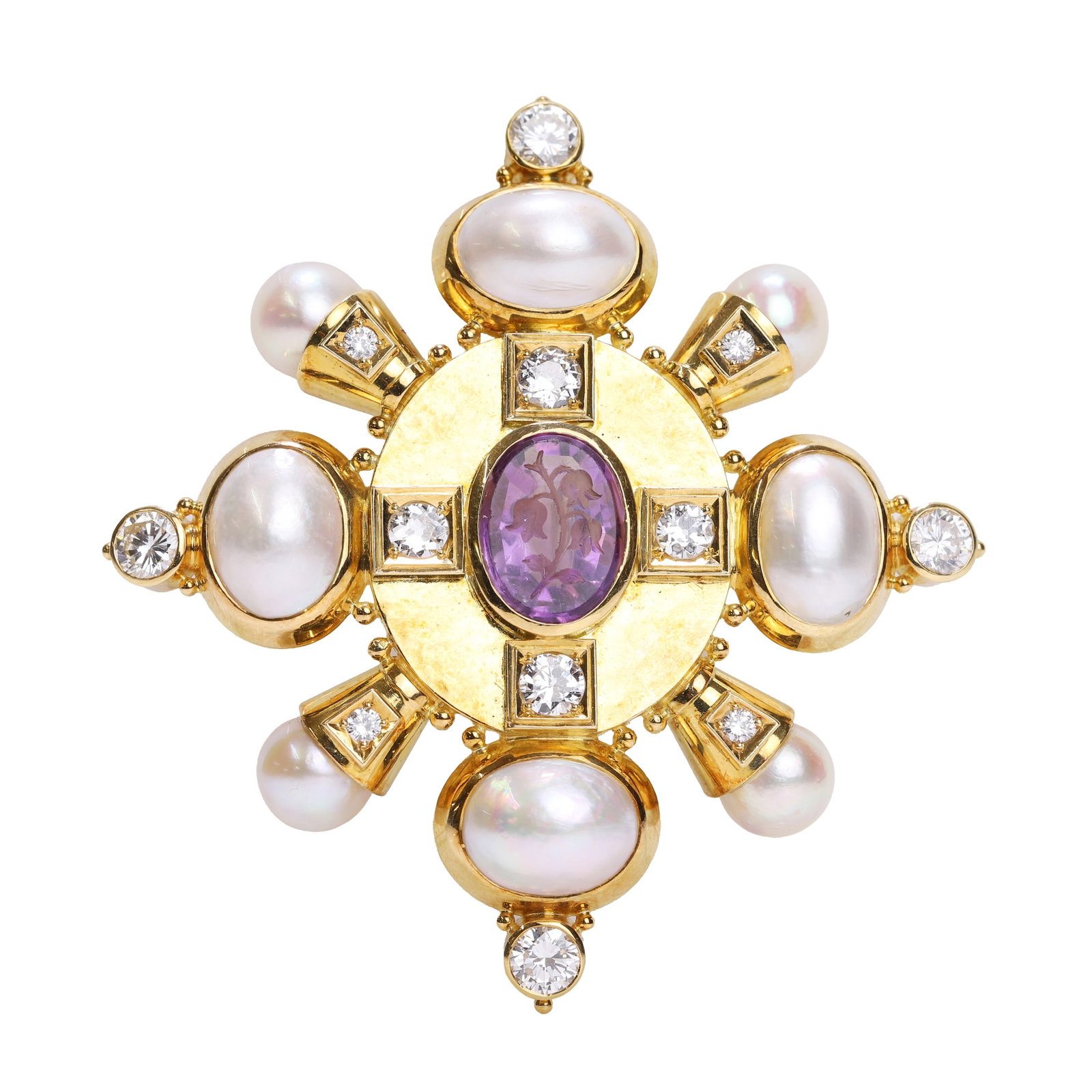 Elizabeth Gage, an 18ct gold diamond pearl and amethyst 'Kiss' brooch,: Elizabeth Gage, an 18ct gold diamond pearl and amethyst 'Kiss' brooch, the central oval amethyst intaglio encircled by four box-set round brilliant cut diamonds and four cultured pearls in diamond-top