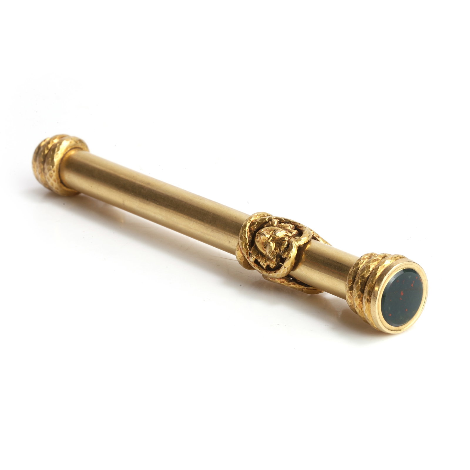 A late 19th century gold pencil holder,: A late 19th century gold pencil holder, plain barrel with a chased Neoclassical pushpiece, a decorative coiled snake to each end, one surmounted by a bloodstone tablet, unmarked and tested as high car
