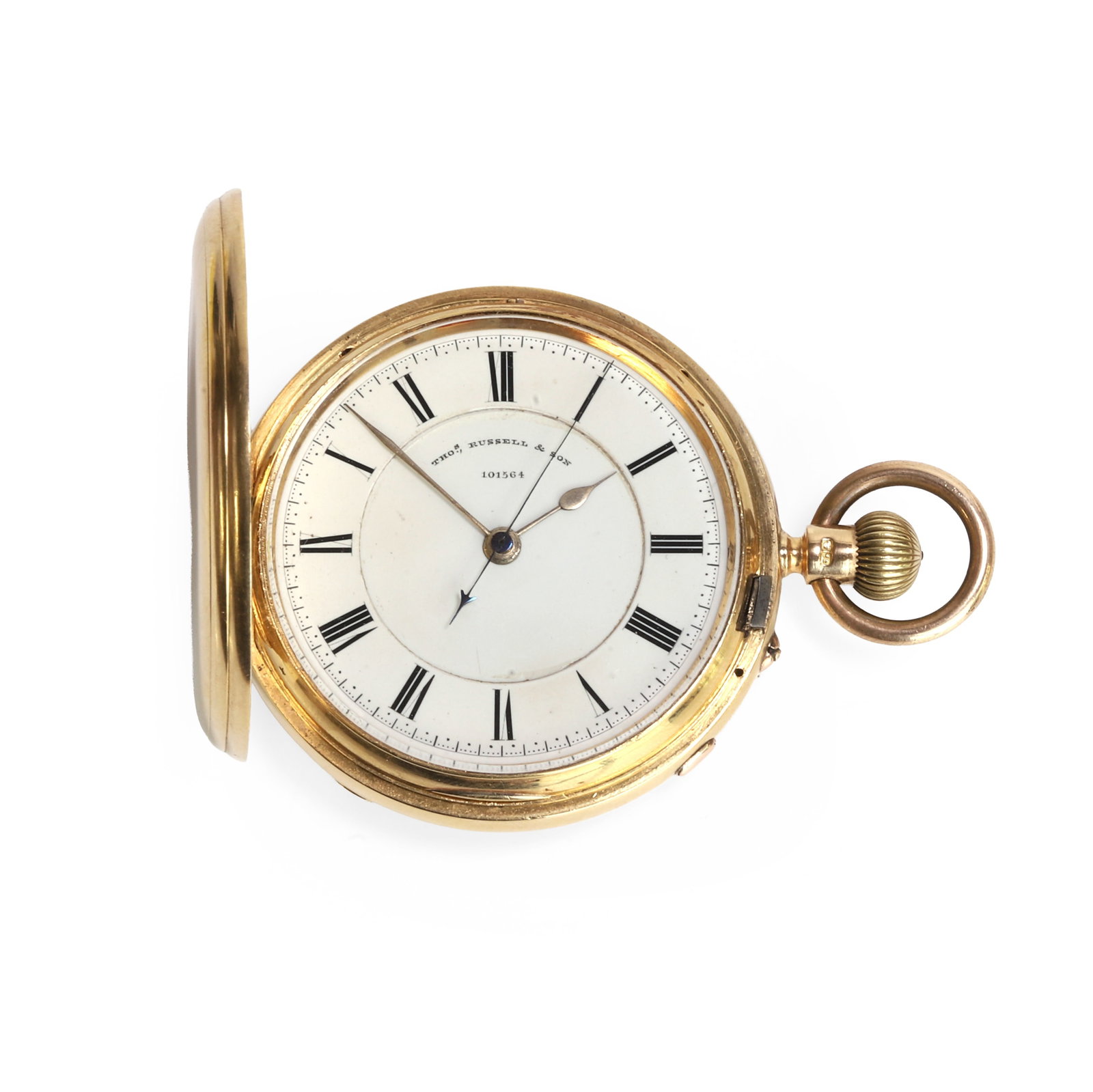 An 18ct gold side wind full hunter pocket watch, by Thomas Russell & Son, (1 of 2)