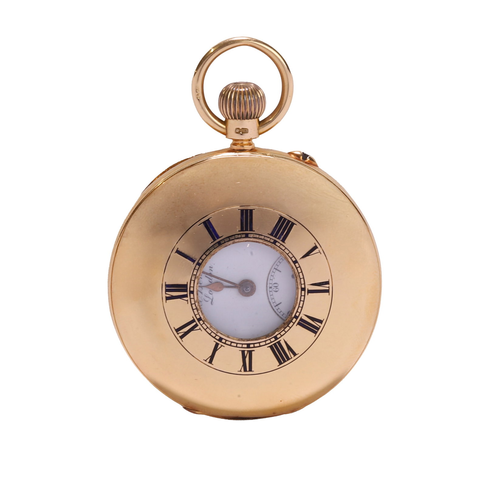 J.W. Benson, an 18ct gold side wind half hunter pocket watch,: J.W. Benson, an 18ct gold side wind half hunter pocket watch, with a navy champlevé enamel chapter ring to the front, and a hand-engraved monogram to the back case, glass loose to front case, a w