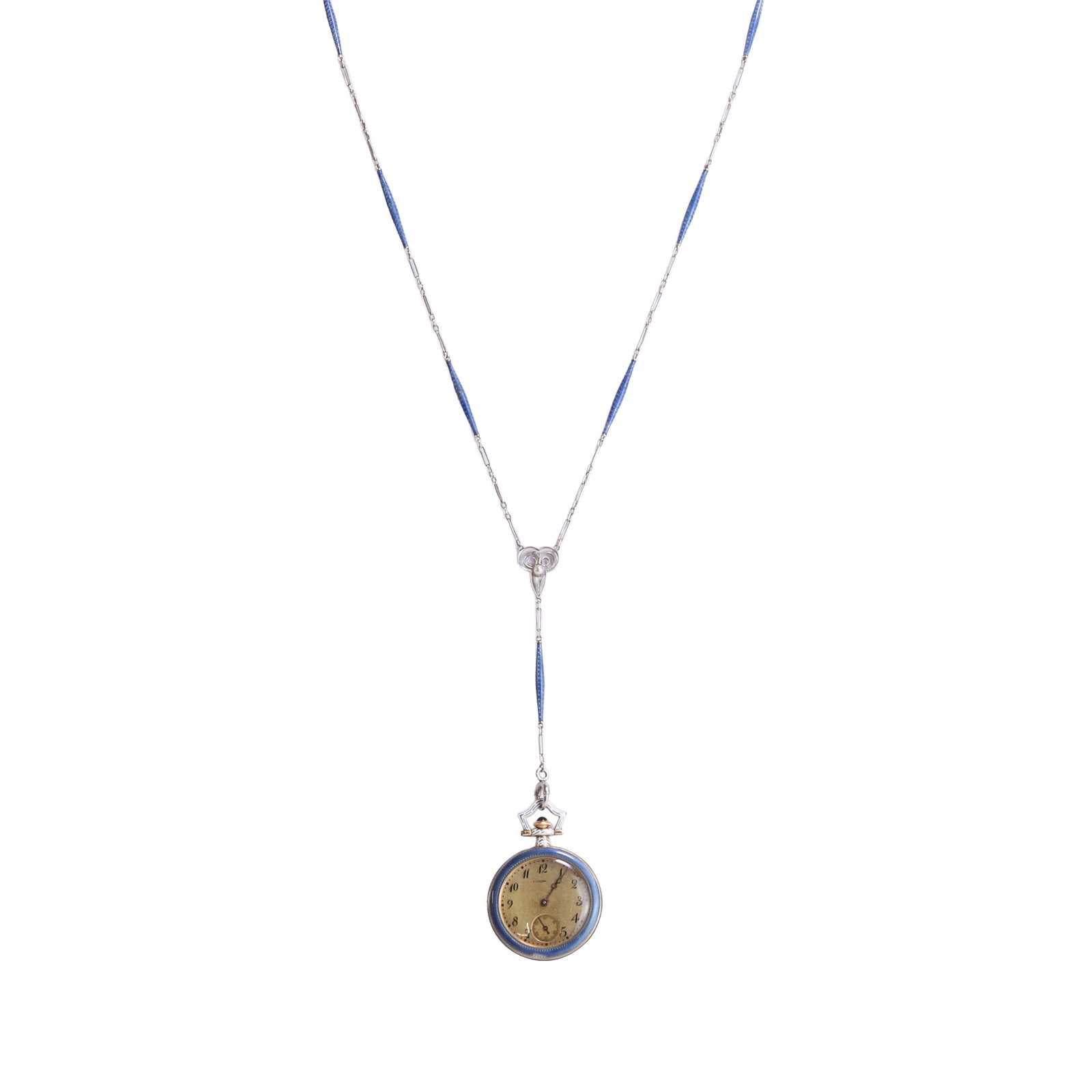 Longines for J.E. Caldwell, a guilloché enamel fob watch on chain, circa 1910,: Longines for J.E. Caldwell, a guilloché enamel fob watch on chain, circa 1910, the circular champagne dial with black Arabic numerals and subsidiary seconds dial, to a white enamel bow, the bezel