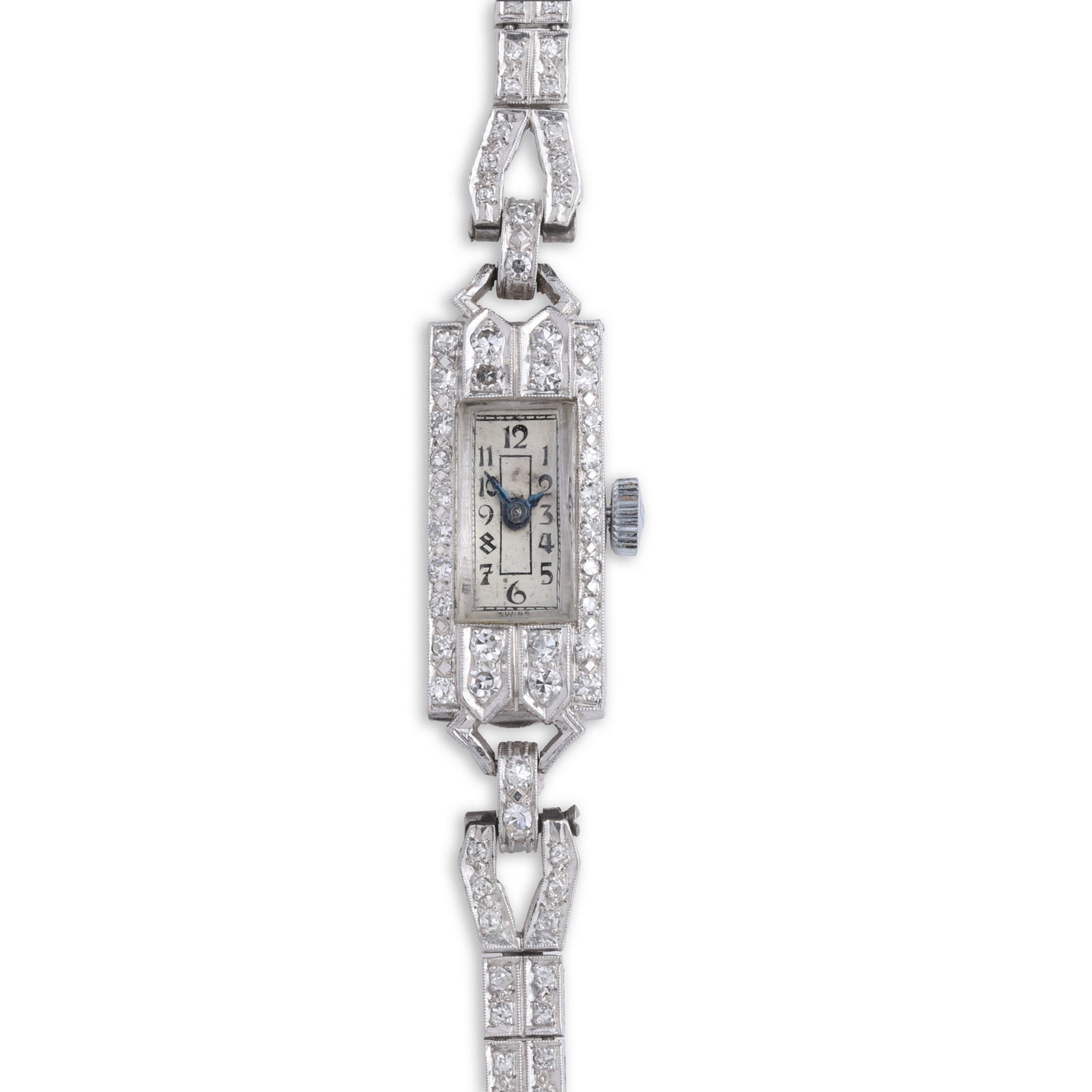 An Art Deco diamond cocktail watch,: An Art Deco diamond cocktail watch, the rectangular silvered dial with Arabic numerals and blued hands, surrounded by millegrain-set eight cut diamonds in a geometric case and pierced fixed diamond se