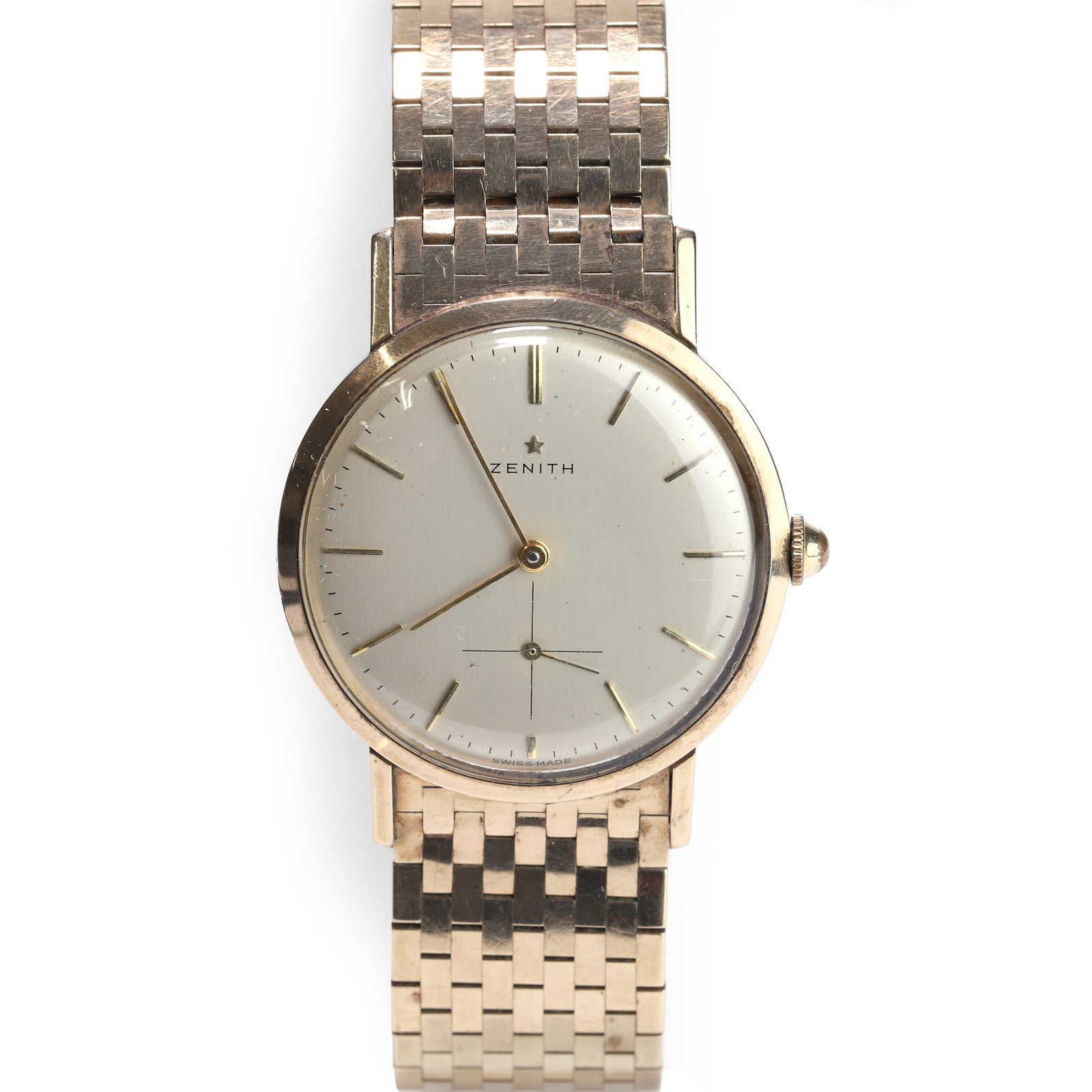 Zenith, a gentlemen's 9ct gold mechanical bracelet watch,: Zenith, a gentlemen's 9ct gold mechanical bracelet watch, with a circular case with a presentation inscription to the reverse, a silvered dial, gilt baton hour markers, gilt baton hands, subsidiary se