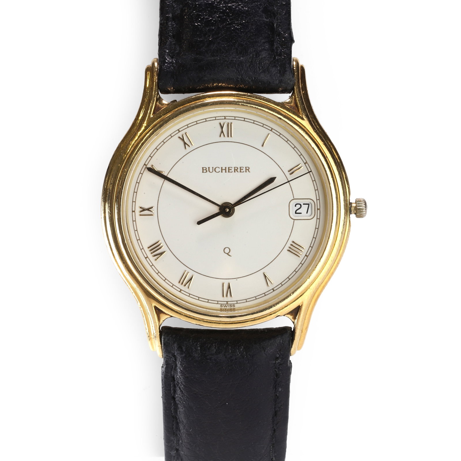 Bucherer, an 18ct gold quartz strap watch,: Bucherer, an 18ct gold quartz strap watch, with a circular grooved case, a white enamel dial, gilt Roman numerals, gilt sword hands, date aperture at 3, to a later leather strap and buckle, ref no. 25