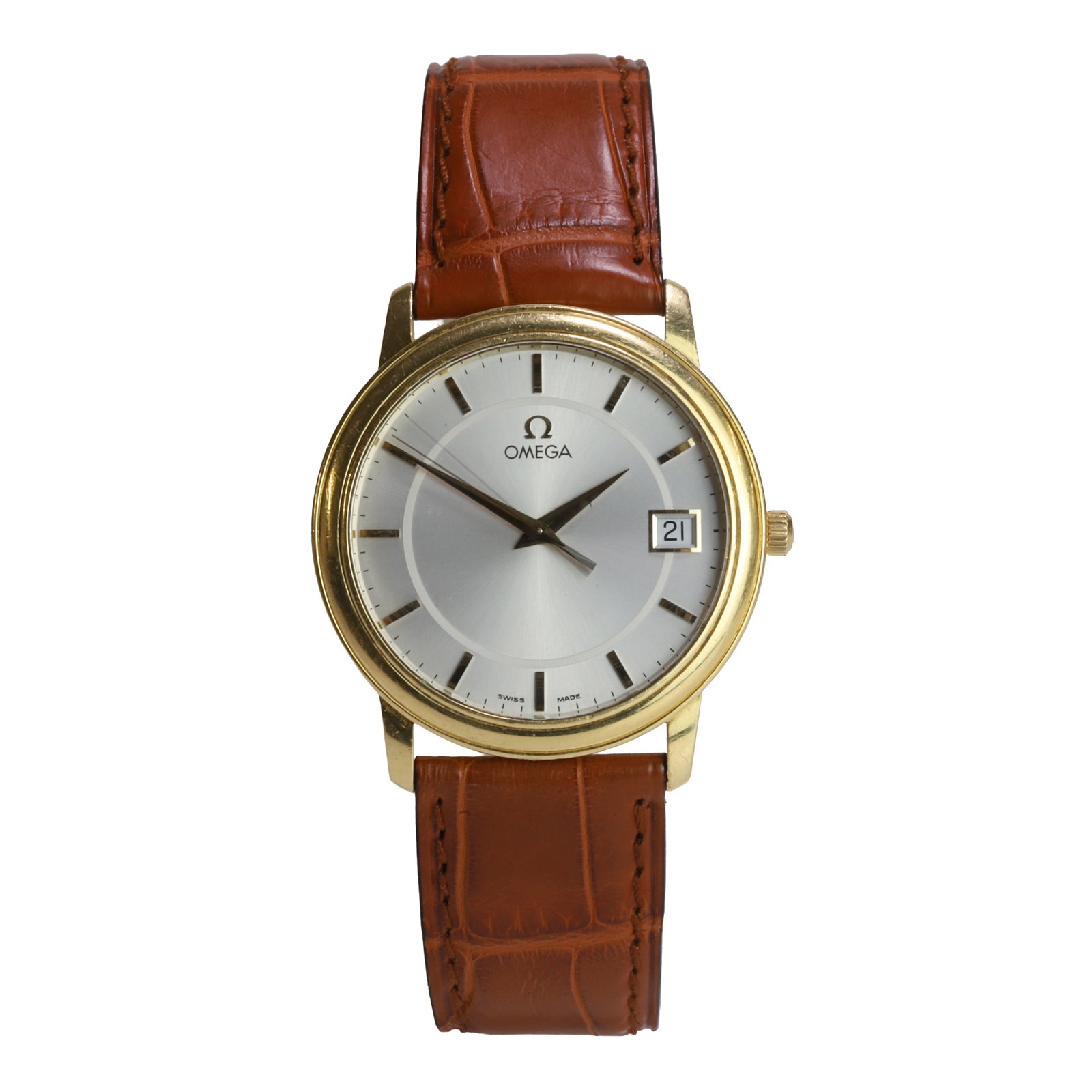 Omega, an 18ct gold De Ville quartz strap watch,: Omega, an 18ct gold De Ville quartz strap watch, ref. 46103102, circular case, silvered dial with applied gilt batons, gilt sword hands and seconds hand, date aperture at 3, quartz movement calibre 15
