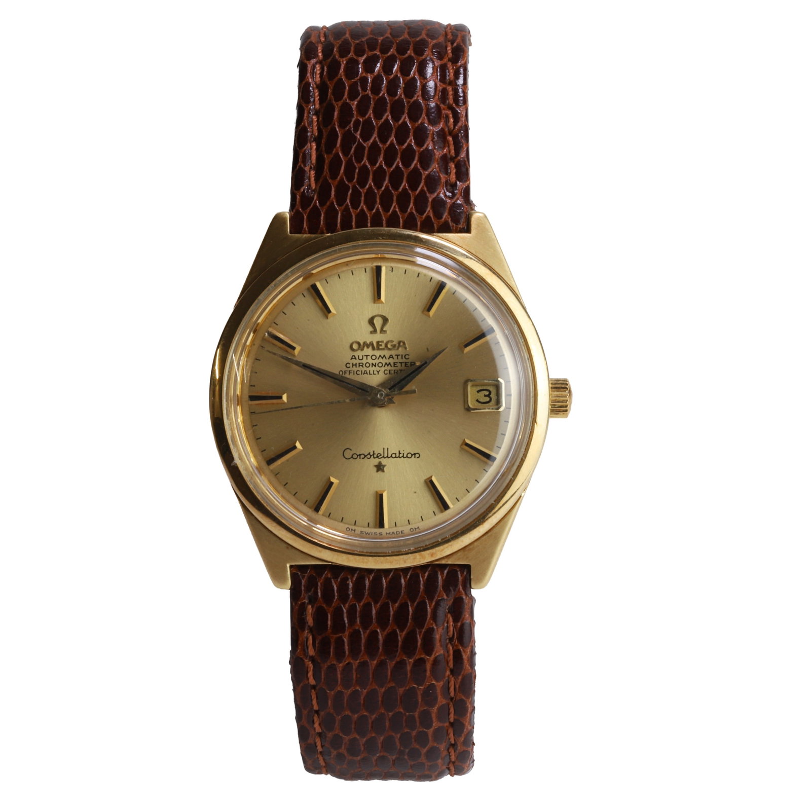 Omega, a gold Constellation automatic strap watch,: Omega, a gold Constellation automatic strap watch, brushed finish case with a polished bezel, champagne dial, raised gilt batons, gilt hands, centre sweep seconds, date aperture at 3, Constellation ca