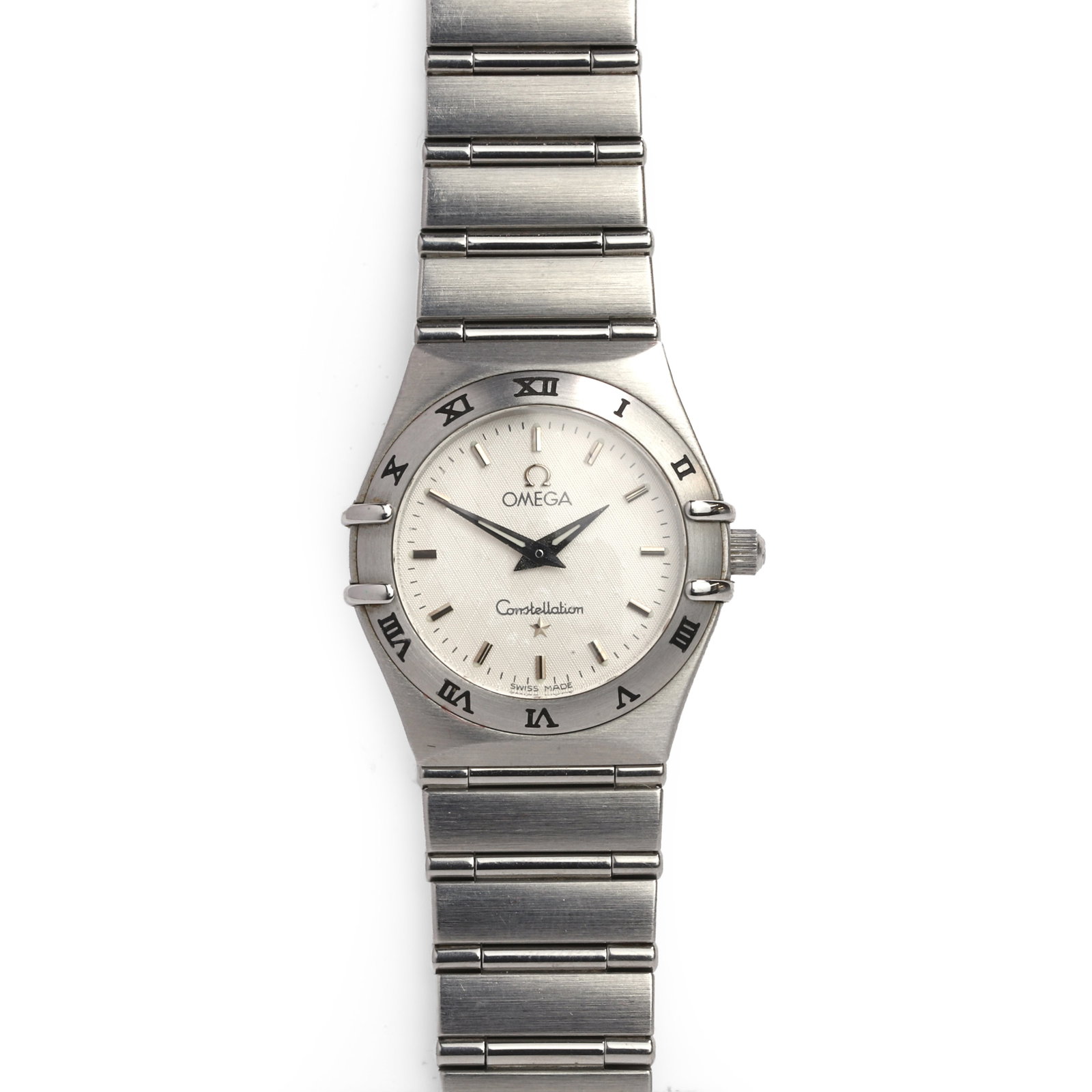 Omega, a stainless steel ladies' Constellation bracelet watch,: Omega, a stainless steel ladies' Constellation bracelet watch, ref. 15723000; stainless steel case with Roman numeral bezel, white dial, silvered hour batons, silvered hands, case back with Constellat