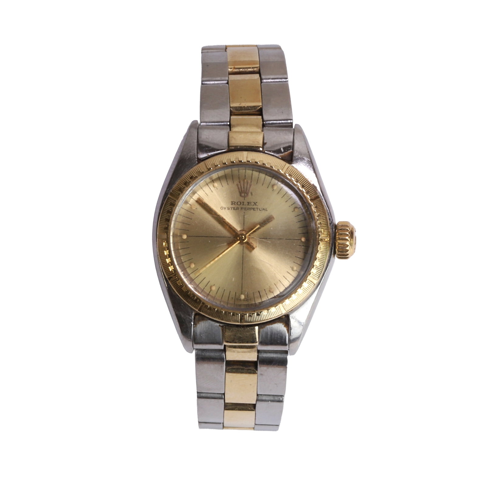 Rolex, a gold and stainless steel ladies' Oyster Perpetual bracelet watch,: Rolex, a gold and stainless steel ladies' Oyster Perpetual bracelet watch, ref. 6724; circular stainless steel case with a textured gold bezel, sunburst champagne dial with luminous dot hour markers, 
