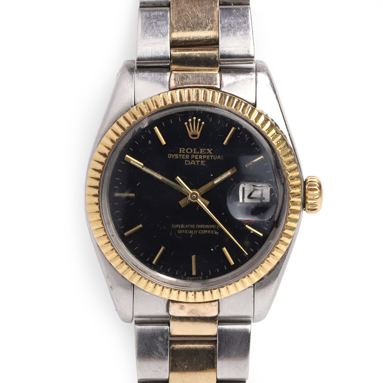 Rolex, a gold and stainless steel Oyster Perpetual Date automatic bracelet watch,: Rolex, a gold and stainless steel Oyster Perpetual Date automatic bracelet watch, ref.1500; stainless steel case with gold fluted bezel, black enamel dial, raised gilt batons, gilt hands, centre sweep