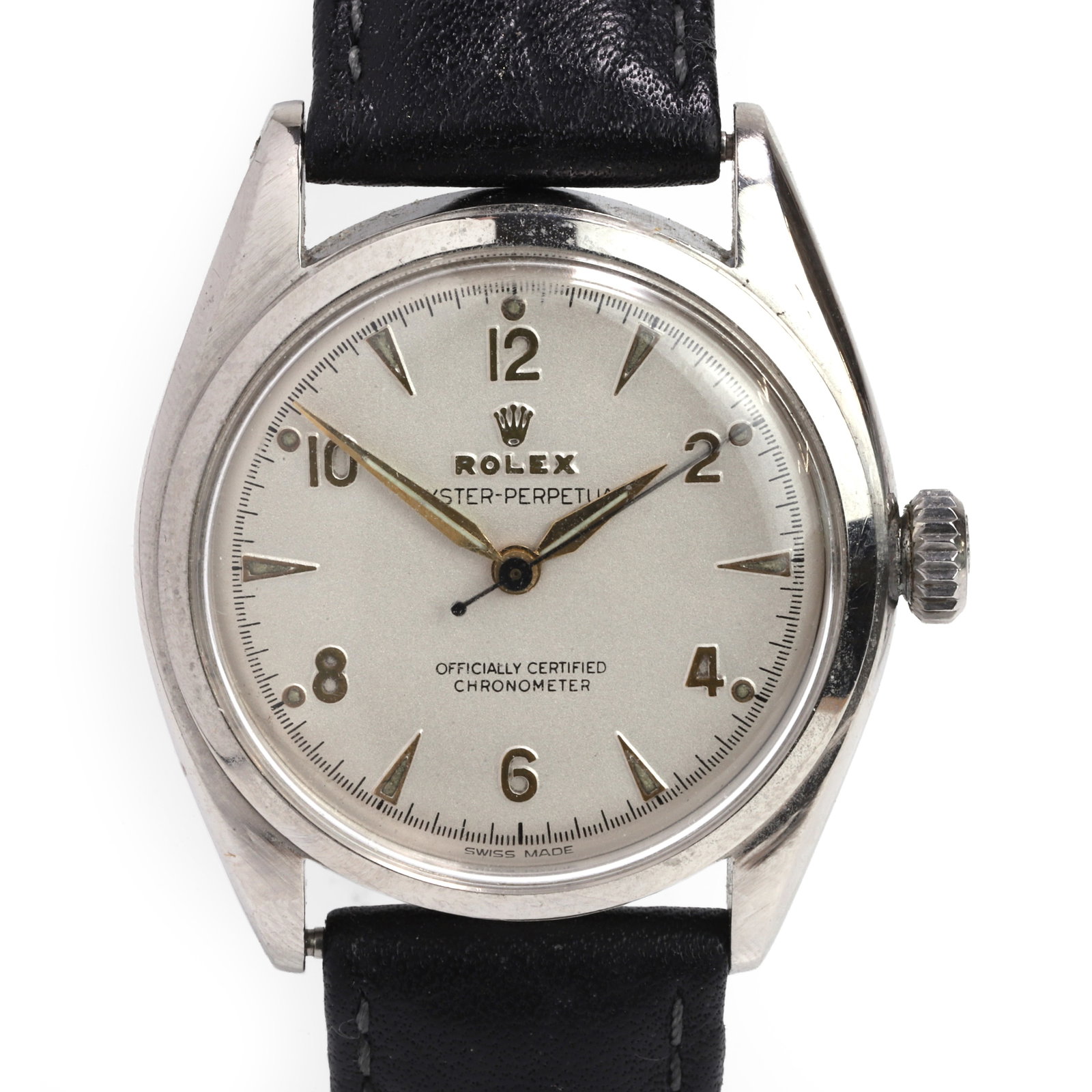 Rolex, a stainless steel Oyster Perpetual automatic strap watch,: Rolex, a stainless steel Oyster Perpetual automatic strap watch, ref. 6084; stainless steel case, silvered dial, raised gilt Arabic numerals alternating with dart batons, gilt spade hands, blued secon