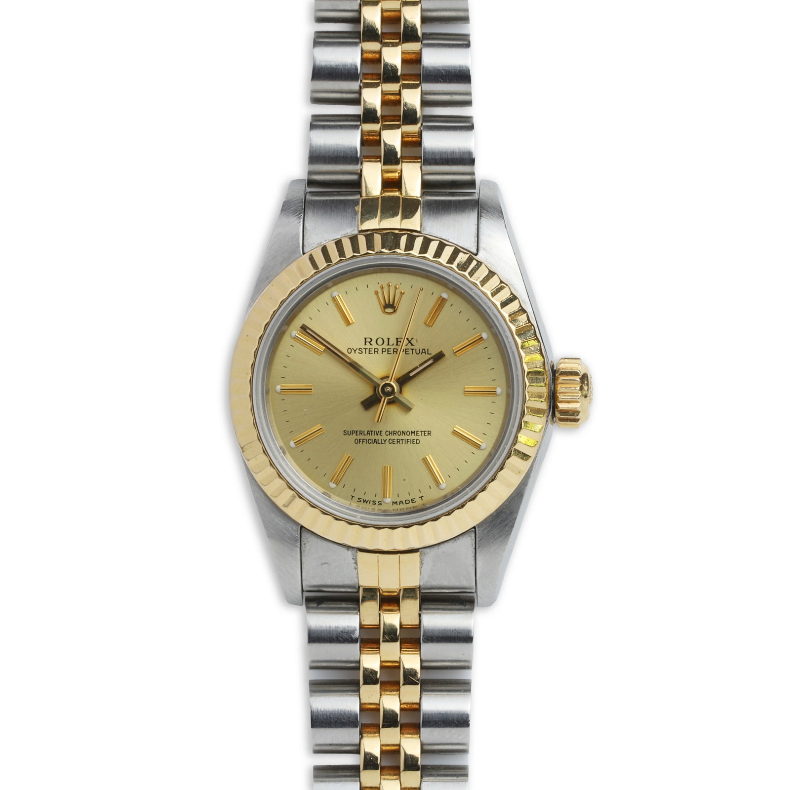 Rolex, a stainless steel and gold ladies' Oyster Perpetual bracelet watch,: Rolex, a stainless steel and gold ladies' Oyster Perpetual bracelet watch, ref. 67193; stainless steel case with a gold fluted bezel, champagne dial, raised gilt hour batons, gilt baton hands and swee