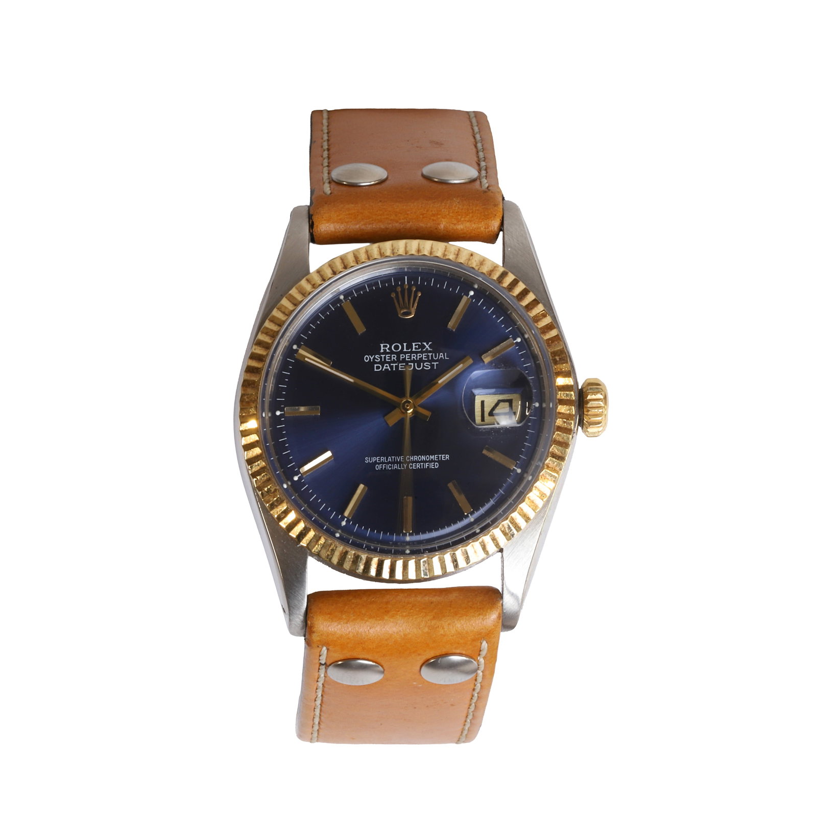 Rolex, a gold and stainless steel Date Just automatic strap watch,: Rolex, a gold and stainless steel Date Just automatic strap watch, ref. 1601, stainless steel case with gold fluted bezel, blue sunburst dial, raised gilt hour batons, gilt hands and centre seconds sw