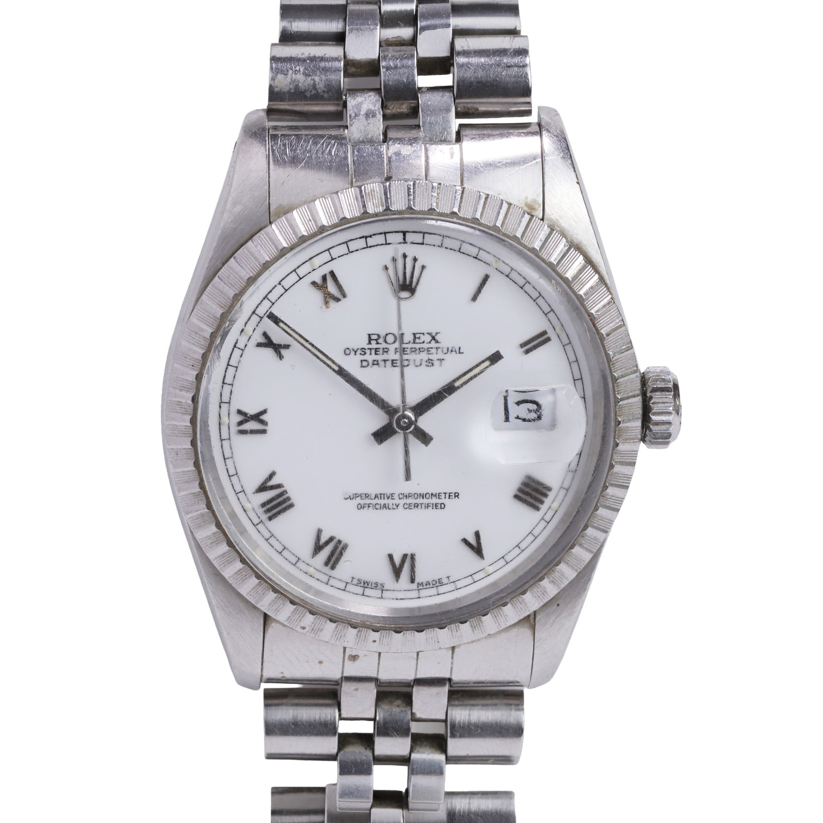 Rolex, a stainless steel Datejust automatic bracelet watch,: Rolex, a stainless steel Datejust automatic bracelet watch, ref. 16000, stainless steel case with a fluted bezel, white enamel dial, silvered Roman numerals, silvered hands and centre sweep seconds, d