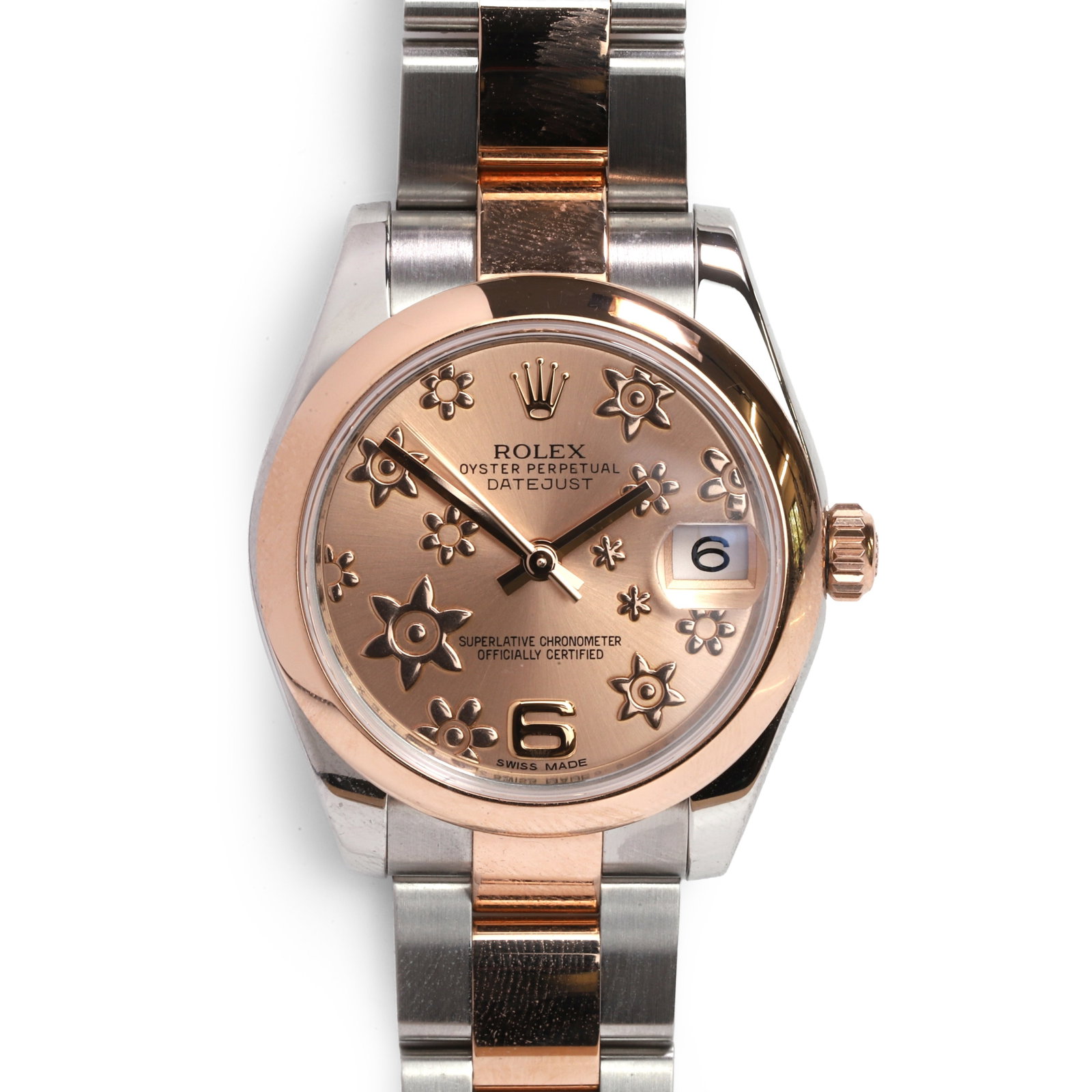 Rolex, a stainless steel and 'Everose' gold Datejust automatic wristwatch,: Rolex, a stainless steel and 'Everose' gold Datejust automatic wristwatch, ref. 178241; stainless steel case with a polished rose gold bezel, rose tone dial with pink floral motif and Arabic numeral a