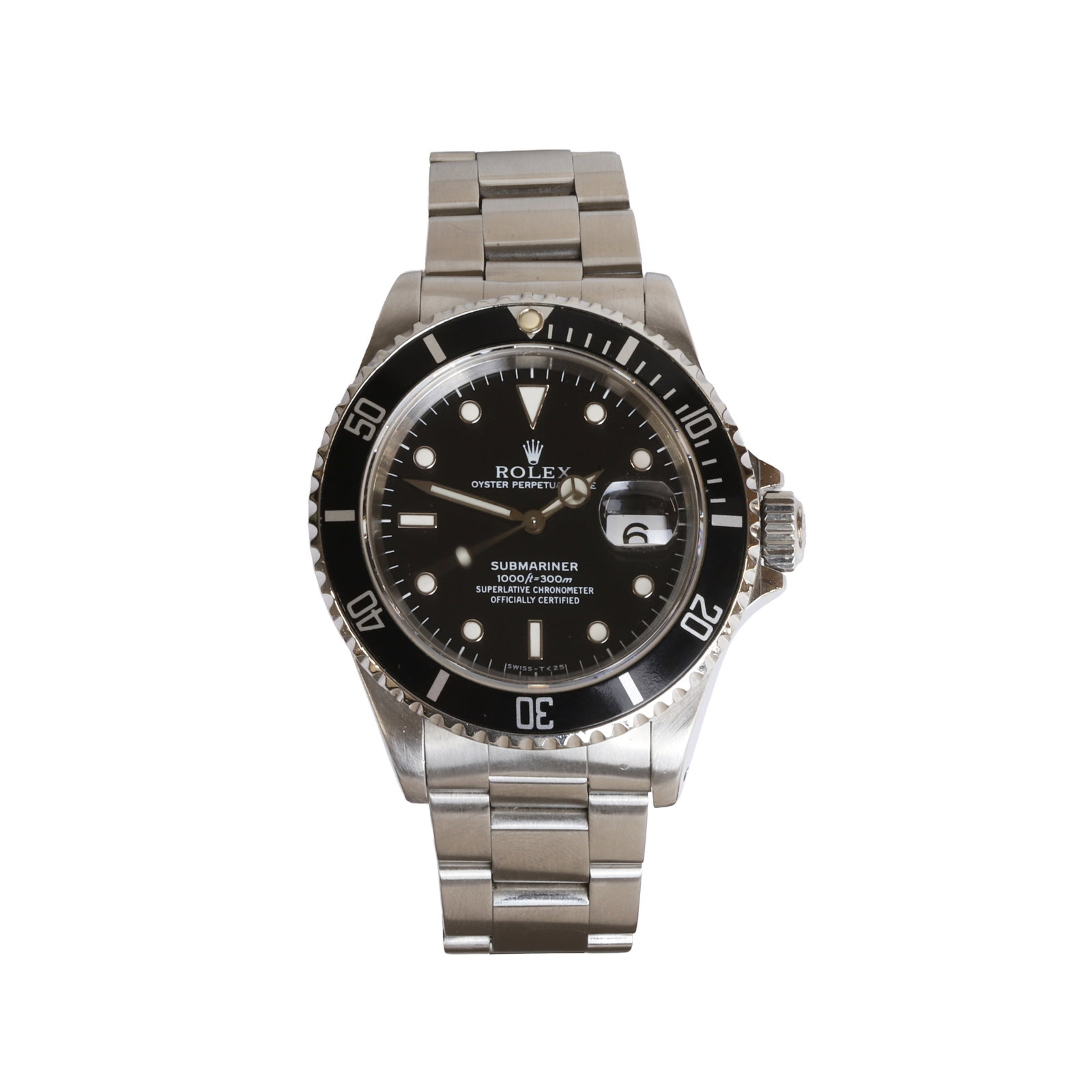 Rolex, a stainless steel Submariner automatic calendar bracelet watch,: Rolex, a stainless steel Submariner automatic calendar bracelet watch, ref. 16610, stainless steel case with unidirectional rotating bezel with black calibrated insert, black dial, dot and baton hour 
