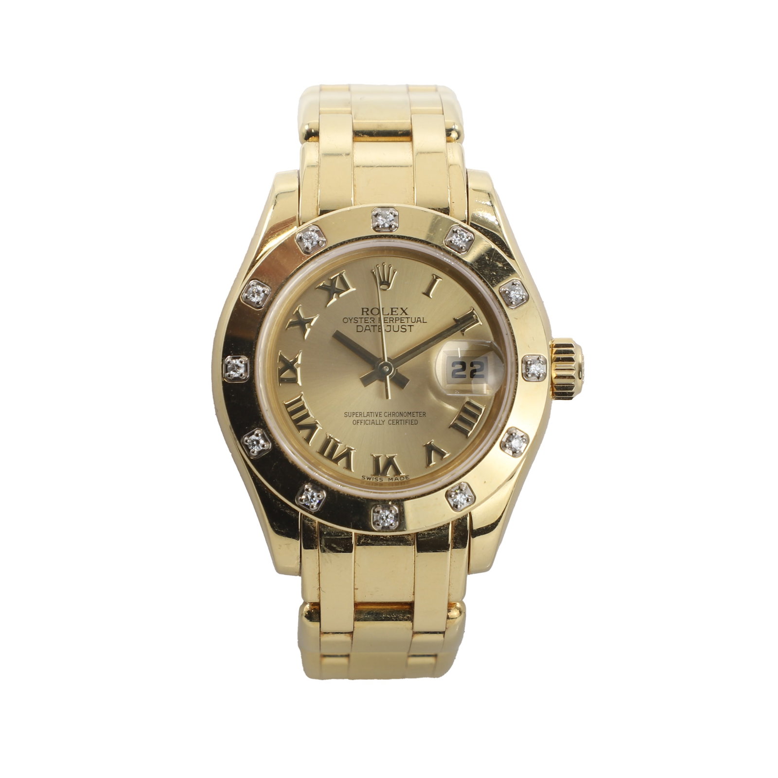 Rolex, an 18ct gold Datejust Pearlmaster automatic bracelet watch,: Rolex, an 18ct gold Datejust Pearlmaster automatic bracelet watch, reference 80318, 28mm case, with a champagne dial, applied gilt Roman numerals, gilt baton hands and centre seconds, magnified date a