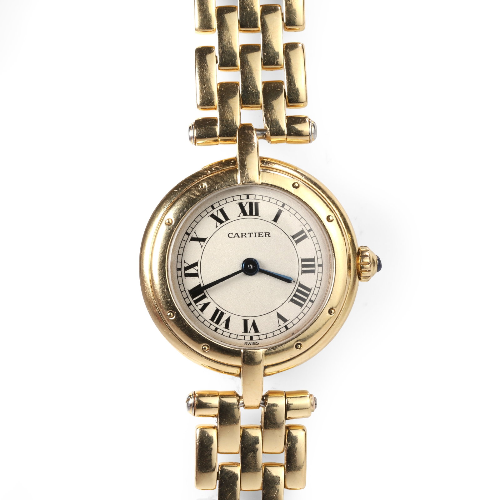 Cartier, an 18ct gold Vendome Panthère quartz bracelet watch,: Cartier, an 18ct gold Vendome Panthère quartz bracelet watch, circular case with a silvered dial, black Roman numerals, outer minute track, secret signature at VII, blued sword hands, fluted crow
